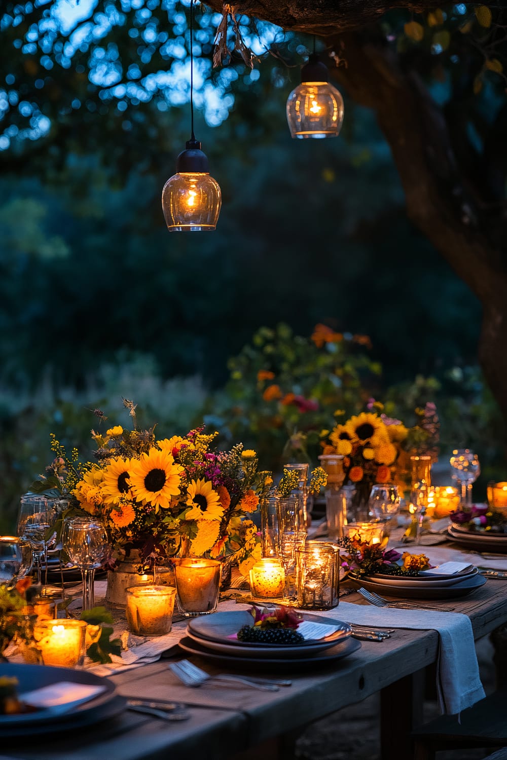 A beautifully decorated outdoor dinner table set for an evening gathering. The table is adorned with sunflowers and other vibrant floral arrangements, and numerous candles of various sizes providing a warm, inviting glow. Above the table, elegant pendant lights hang, illuminating the scene. The background features a blurred view of greenery and trees, indicating the setting is in a lush garden.