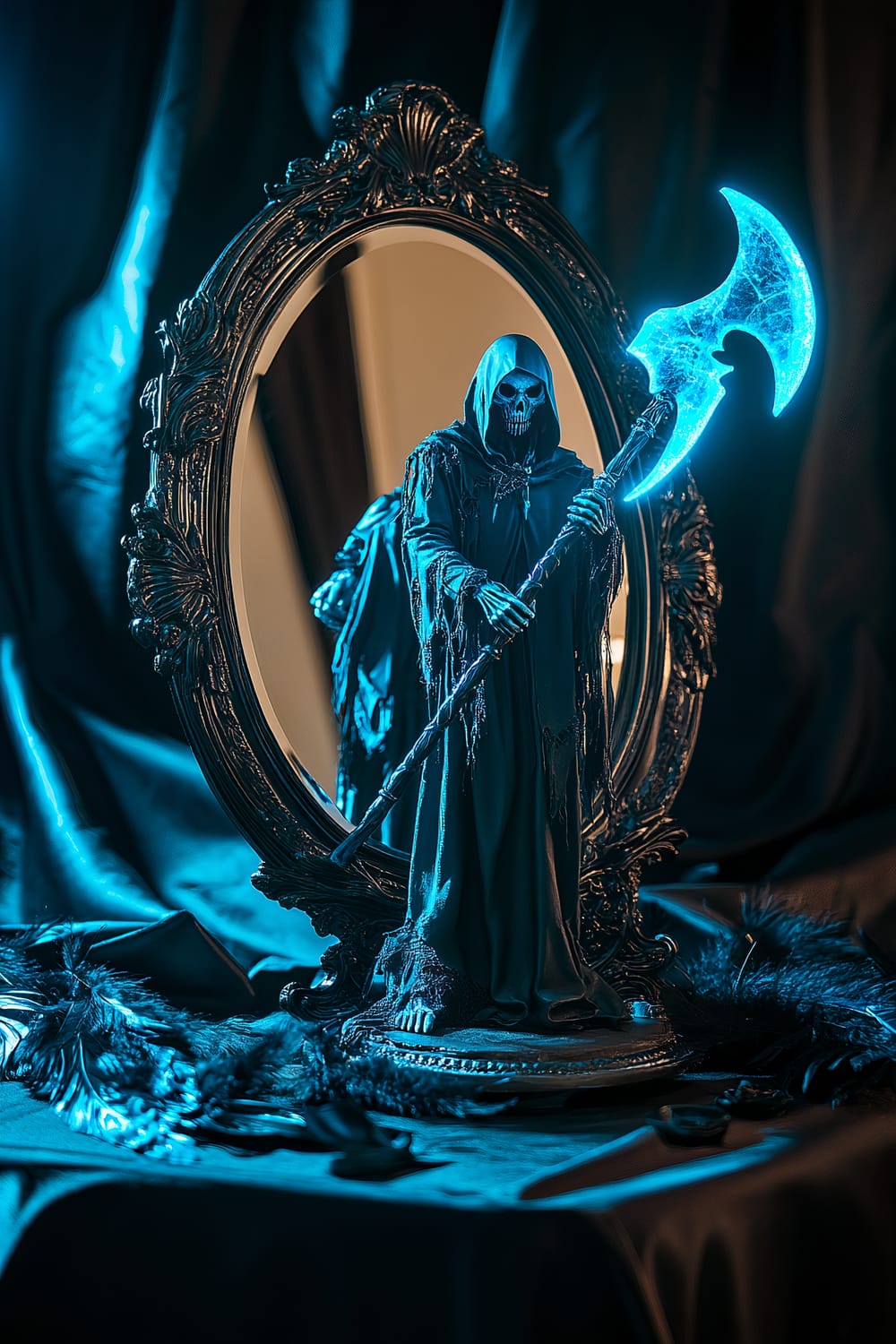 A detailed figurine of the Grim Reaper holding a glowing blue scythe is set on a minimalist black tablecloth. The figurine is reflected in an ornate mirror behind it, which also captures the blue glow from the scythe. The scene is under dim, moody lighting, and dark feathers are scattered around the base of the figurine.