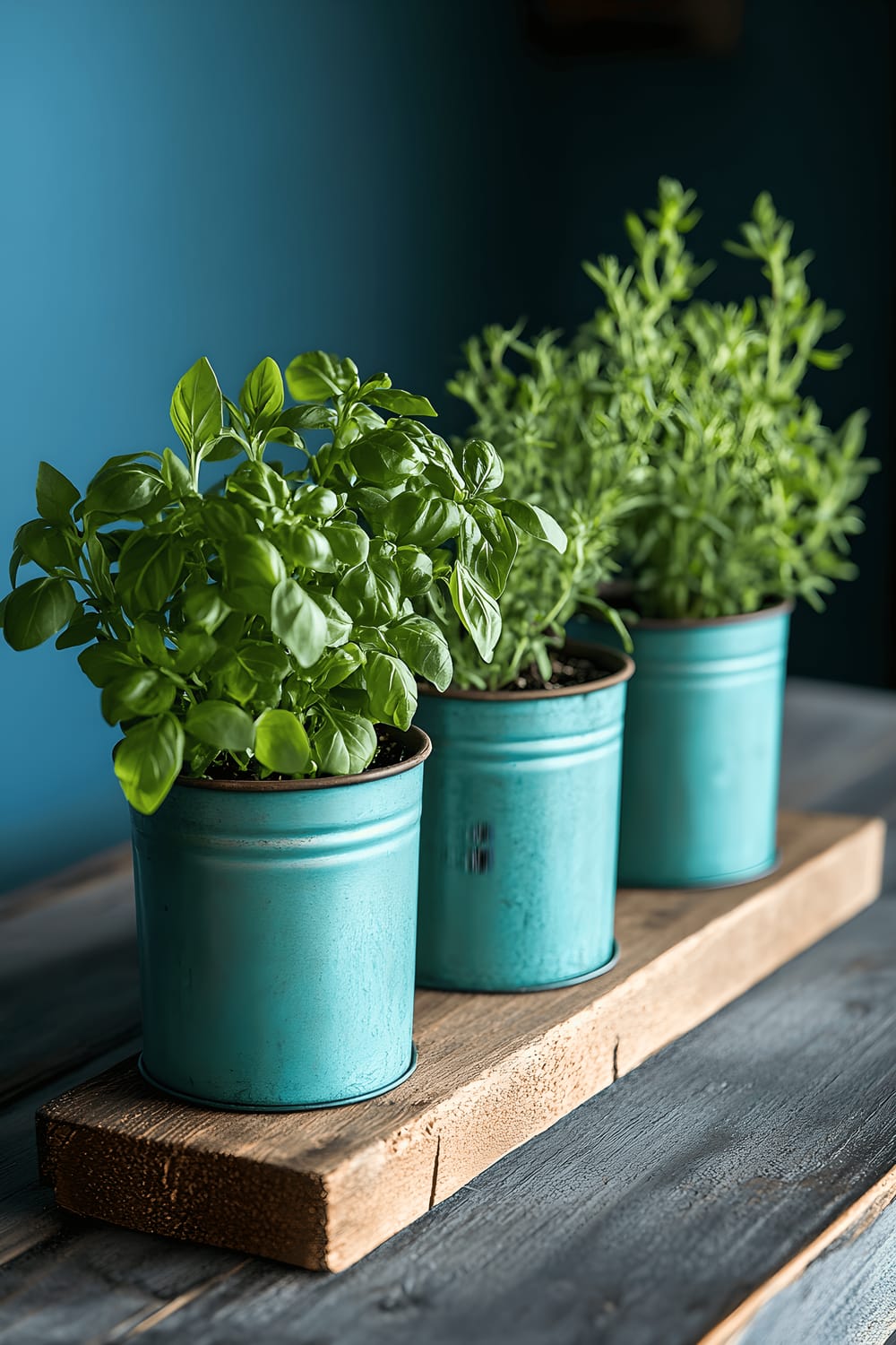 A rustic dining table adorned by a centerpiece of a unique display of miniature herb garden inside teal metal pots. The pots are secured on a reclaimed wooden plinth, each housing green, fresh herbs such as rosemary, thyme, and basil. The table, with a dark gray runner, sits against a backdrop of a deep blue wall. Ambient lighting from above casts subtle shadows, accentuating the turquoise hue of the pots and the vibrant greenery within.