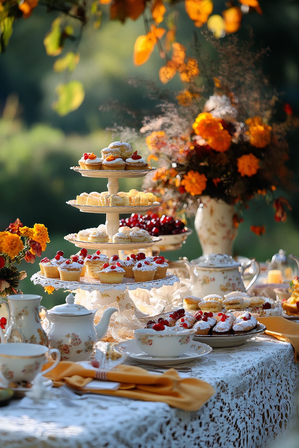 A beautifully adorned outdoor tea party table set against a lush green backdrop. The table is covered with a white lace tablecloth and decorated with an array of desserts, including cupcakes topped with berries, arranged on a three-tiered stand. Elegant floral-patterned tea sets, including teapots, cups, and plates, are placed neatly alongside yellow napkins. The scene is enhanced by vibrant orange and yellow flowers in vases, creating a warm and inviting autumnal atmosphere.