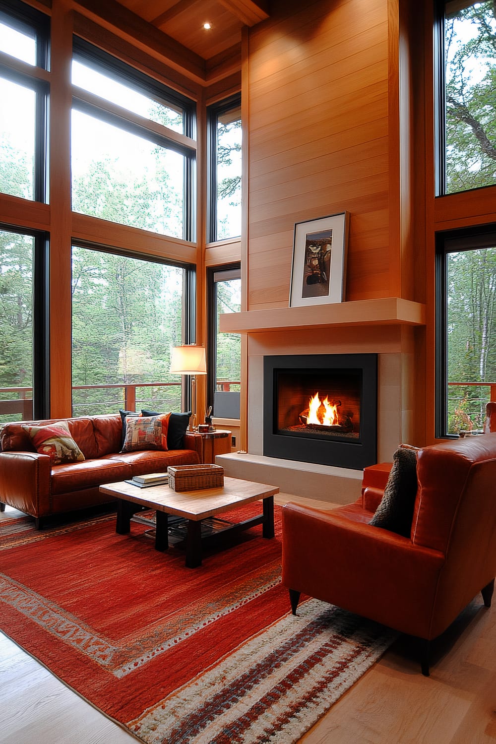 A living room featuring a prominent oak-paneled fireplace, framed by large windows. The space includes a red leather sofa and matching vintage armchair facing each other with a low rectangular coffee table in between. A side table with a lamp is next to the sofa. A red area rug with intricate patterns anchors the seating area. Soft natural light filters through the windows, highlighting the warm wood tones and inviting ambiance.