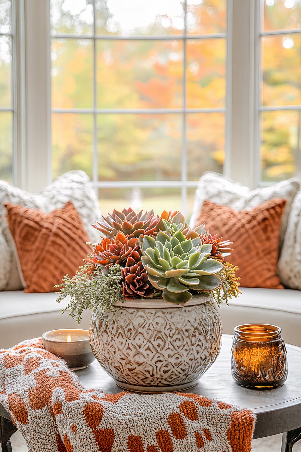 A close-up view of a living room showcasing a round wooden table with a large ornate ceramic pot containing various succulents. Next to the pot is a burning candle in a beige holder and an amber glass candle holder. An orange and white patterned throw is draped over the table edge. The background reveals a seating area with textured cream pillows and burnt orange throw pillows, all set against large windows with a blurred view of autumn foliage.