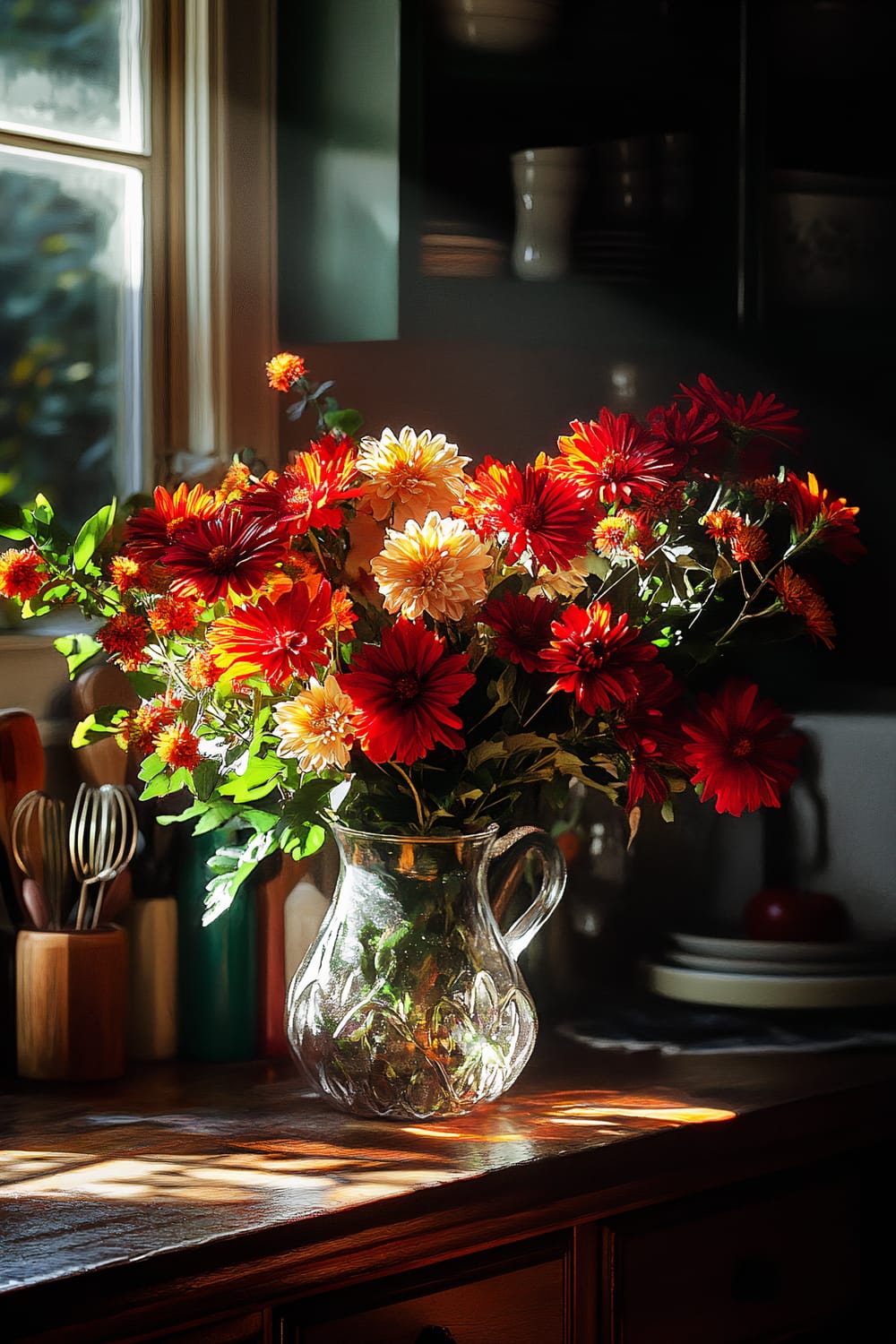 A glass pitcher filled with vibrant red, orange, and yellow flowers is placed on a wooden kitchen countertop. Sunlight from a nearby window casts a warm glow on the scene. Utensils in a wooden holder and dishware in the background add to the kitchen ambiance.