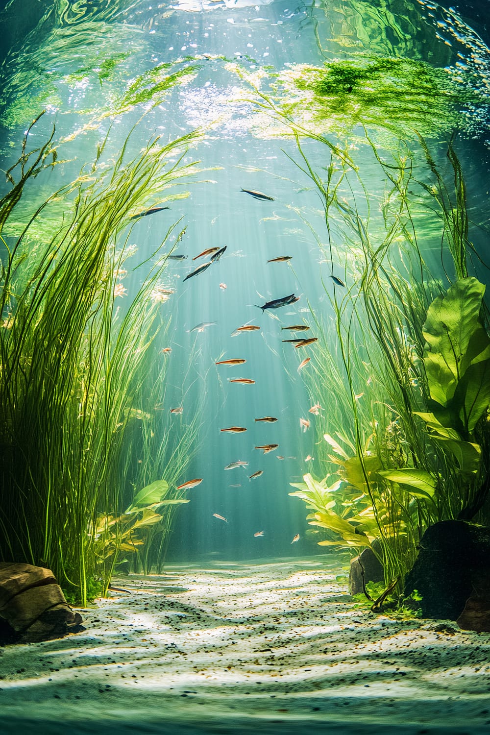 An aquarium scene depicting an underwater meadow with tall, swaying grasses as the central focus. Gentle currents and bright, natural lighting create a tranquil ambiance. Small fish can be seen swimming among the grass and plants that grow from a sandy bottom.