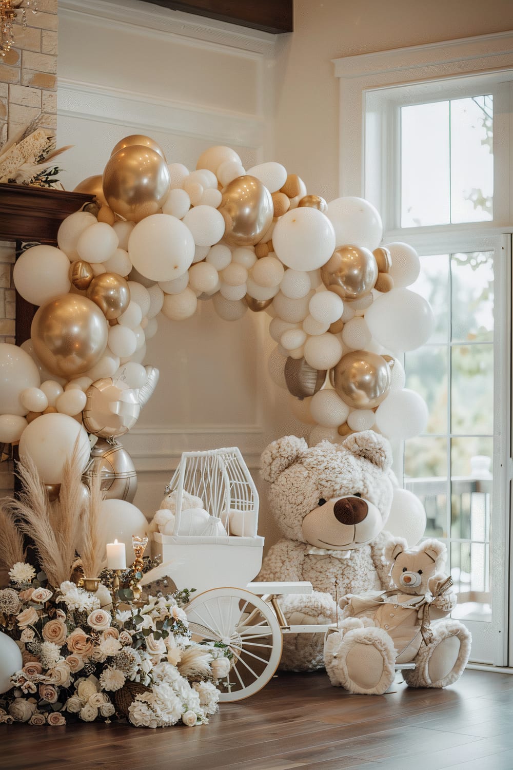 An elegantly decorated room with a blend of modern and whimsical elements. A large archway of white and gold balloons is the focal point, positioned against a fireplace, accompanied by two large teddy bears - one sitting on a wooden floor near a white cart filled with soft toys and floral arrangements. A variety of white and pastel flowers with lush pampas grass flank the display, and lit candles add a touch of warmth. The setting is illuminated by natural light coming through large windows in the background.