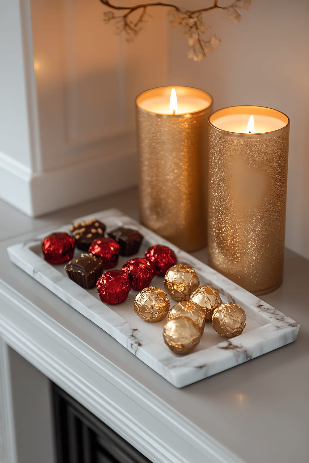 A elegant white marble tray with assorted deep red chocolates in gold foil wrappers is situated on a light gray fireplace mantel. Two tall golden candles, lit with warm amber flames, stand on each side of the tray. The scene is bathed in the warm, natural glow of golden hour sunlight.