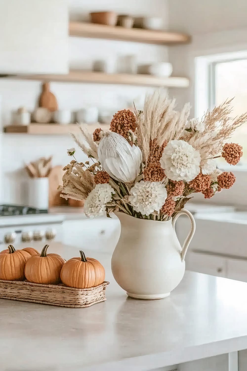 A minimalist kitchen decor with a beige ceramic pitcher holding a dried floral arrangement, placed on a light-colored countertop. Next to the pitcher is a woven basket containing three small orange pumpkins. The background features white cabinets, a window, and wooden shelves with various kitchen items.