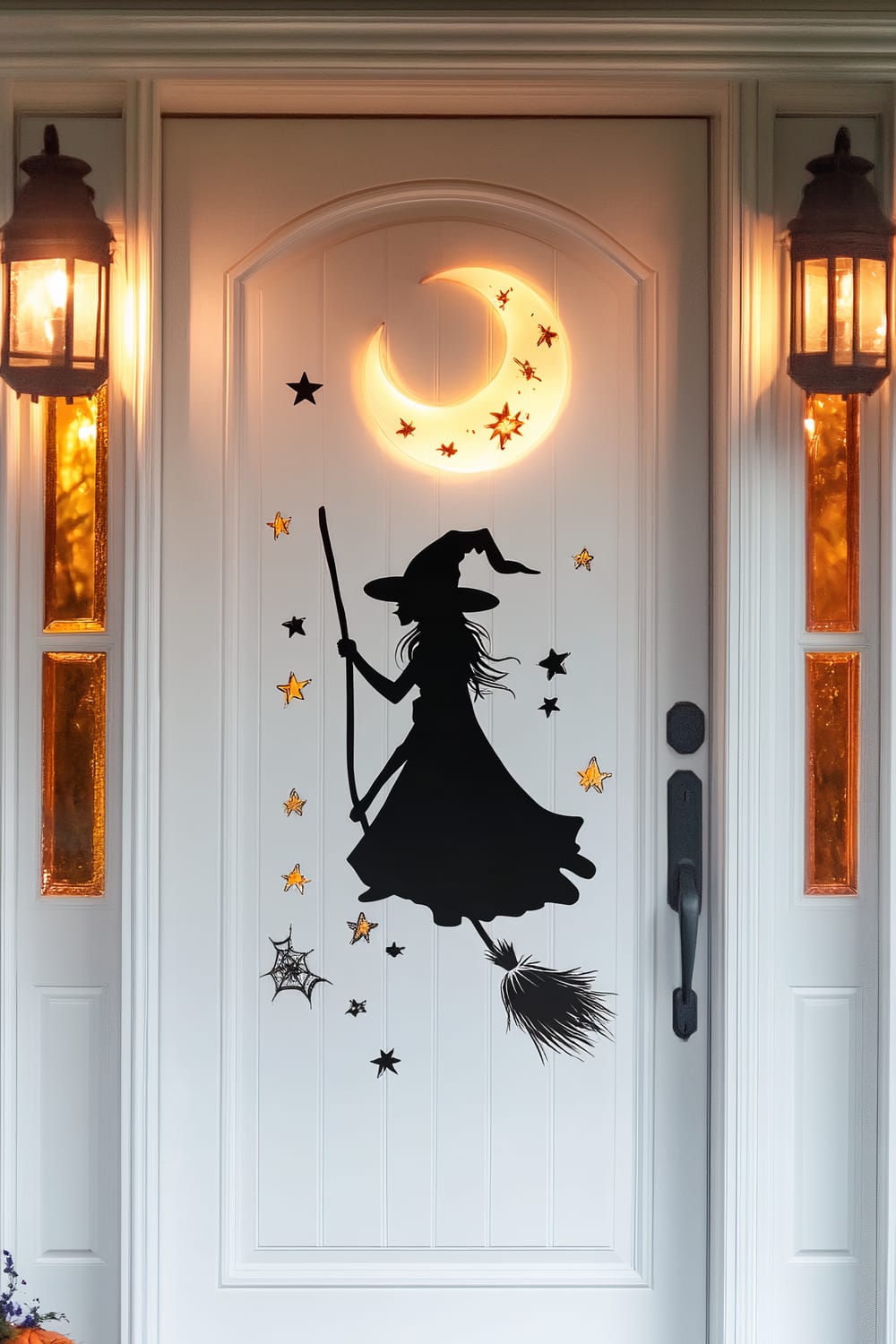 A white front door is adorned with a Halloween-themed decoration. A black silhouette of a witch is displayed on the door, riding a broomstick and wearing a pointed hat. Surrounding the witch figure are various stars and a spiderweb. Above her, a glowing crescent moon swarming with tiny stars illuminates the scene. The door is flanked by two lantern-style light fixtures, which cast a warm glow, enhancing the magical and enchanting atmosphere.