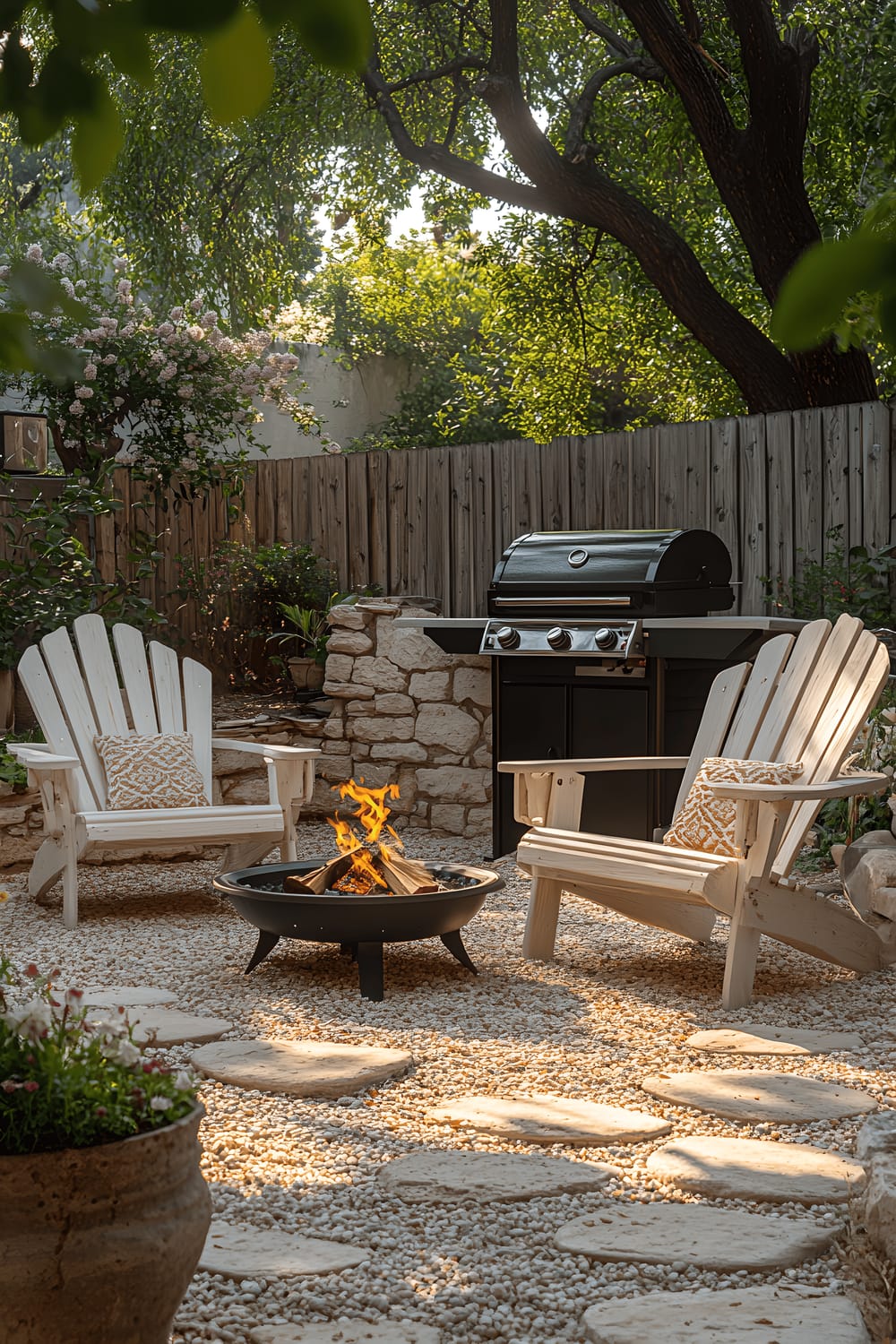 A budget-friendly backyard scene featuring a gravel patio with two white wooden Adirondack chairs centered around a small metallic fire pit. A black portable grill and a potted plant are placed nearby. The backdrop is a tall white wooden fence and blooming trees.