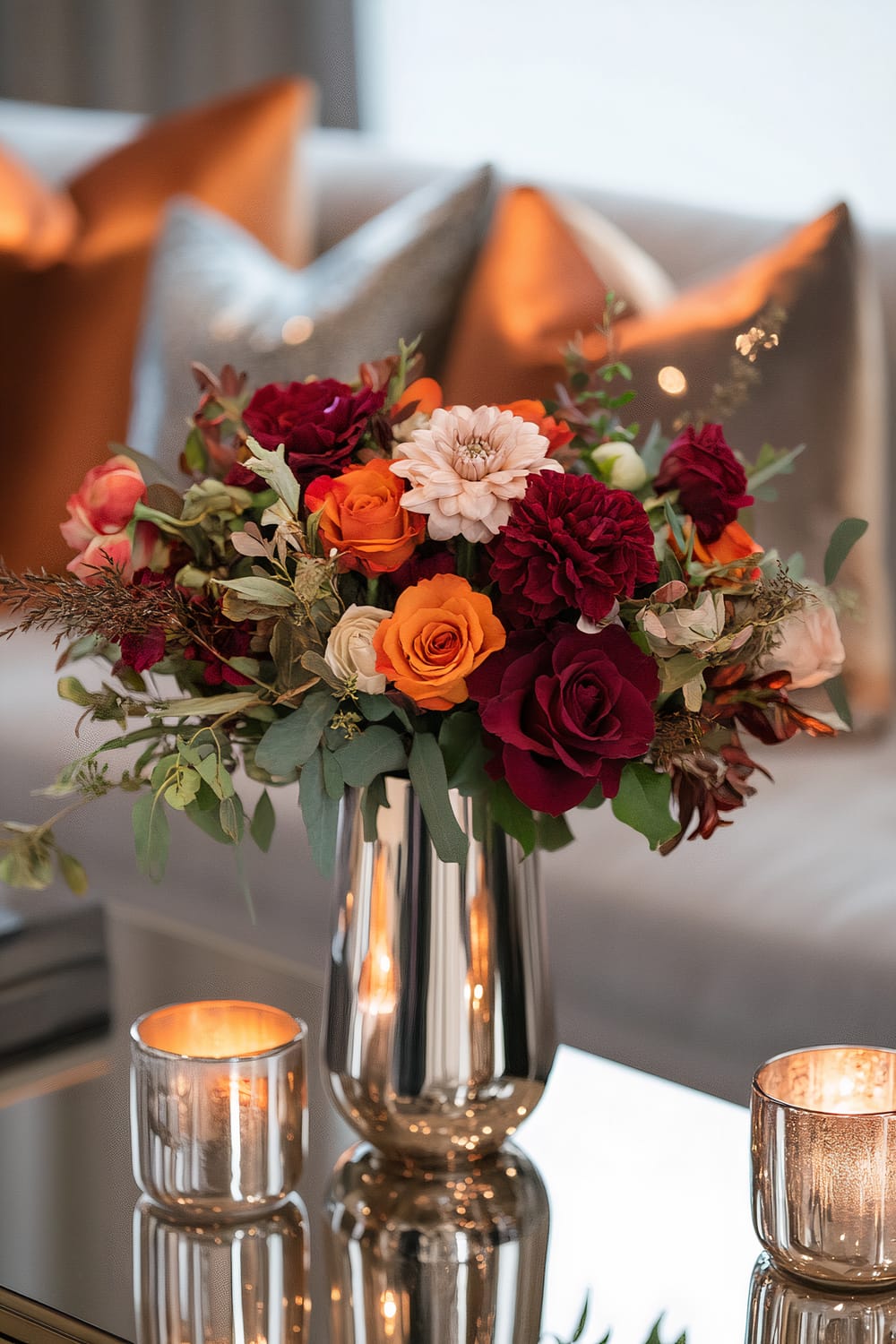 A stylish Thanksgiving coffee table setup featuring a brushed metal table with a modern floral arrangement in a mirrored vase. The bouquet includes deep red, orange, and white flowers. Two silver candle holders with lit candles flank the vase. In the background, a gray sofa is adorned with metallic-tone cushions in pewter, silver, and rose gold, enhancing the sophisticated ambiance.