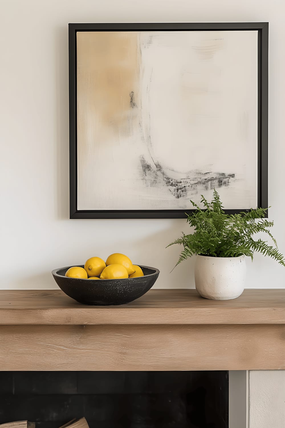 A modern fireplace mantel painted in neutral tones is adorned with a solitary black-framed abstract painting. On the mantel, a handmade ceramic bowl brimming with fresh lemons and a small potted fern are positioned subtly, emitting organic warmth in the carefully curated space.