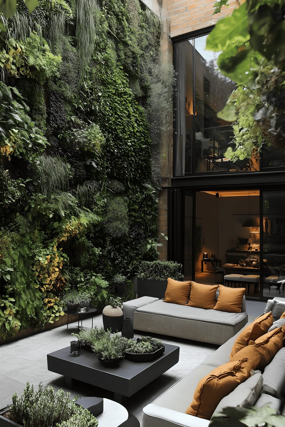 A modern, external courtyard featuring a sprawling living green wall, sleek concrete planters nurturing more greenery, and an intimate outdoor lounge area consisting of a dark-toned sofa set with neutral cushions and a low profile coffee table.