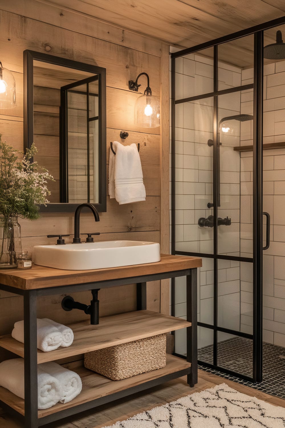 A rustic yet modern bathroom with wooden walls and shelves, a white rectangular sink with black fixtures on a wooden counter with black steel legs, and a clear glass shower door with black framing. Two rolled white towels and a woven basket are on the lower shelves of the counter. A simple glass jar with flowers is next to a small candle. The lighting includes glass-shaded wall sconces.