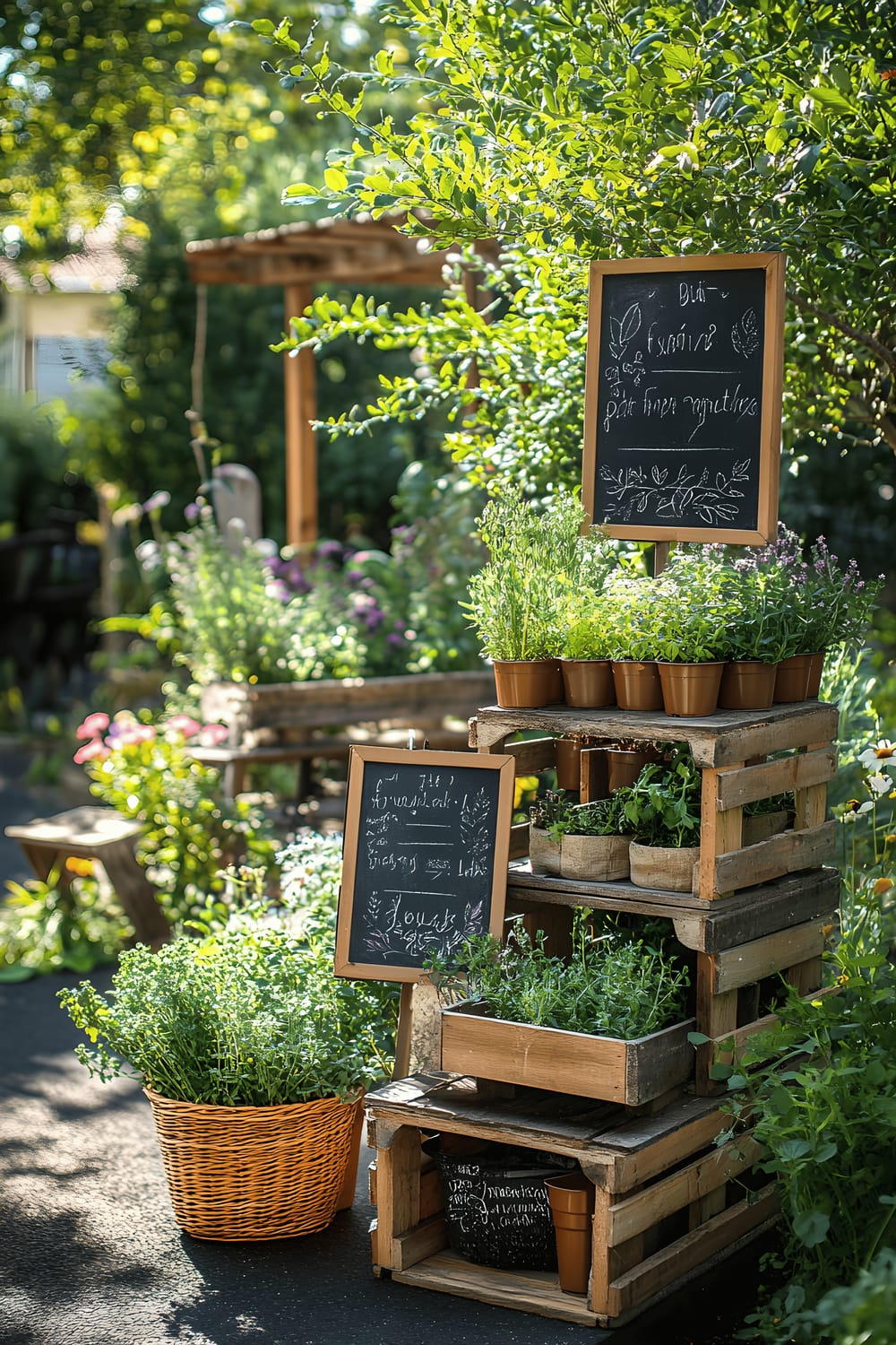 A rustic herb garden set against the backdrop of a wooden picket fence. The garden features wooden crates of differing heights, each filled with a variety of aromatic herbs like basil, rosemary, and thyme, labeled with decorative chalkboard signs. A small wooden bench sits to the one side, topped with a basket of freshly picked herbs. Surrounding the crates and bench are various blooming flowers and an abundance of greenery basking in the morning light.