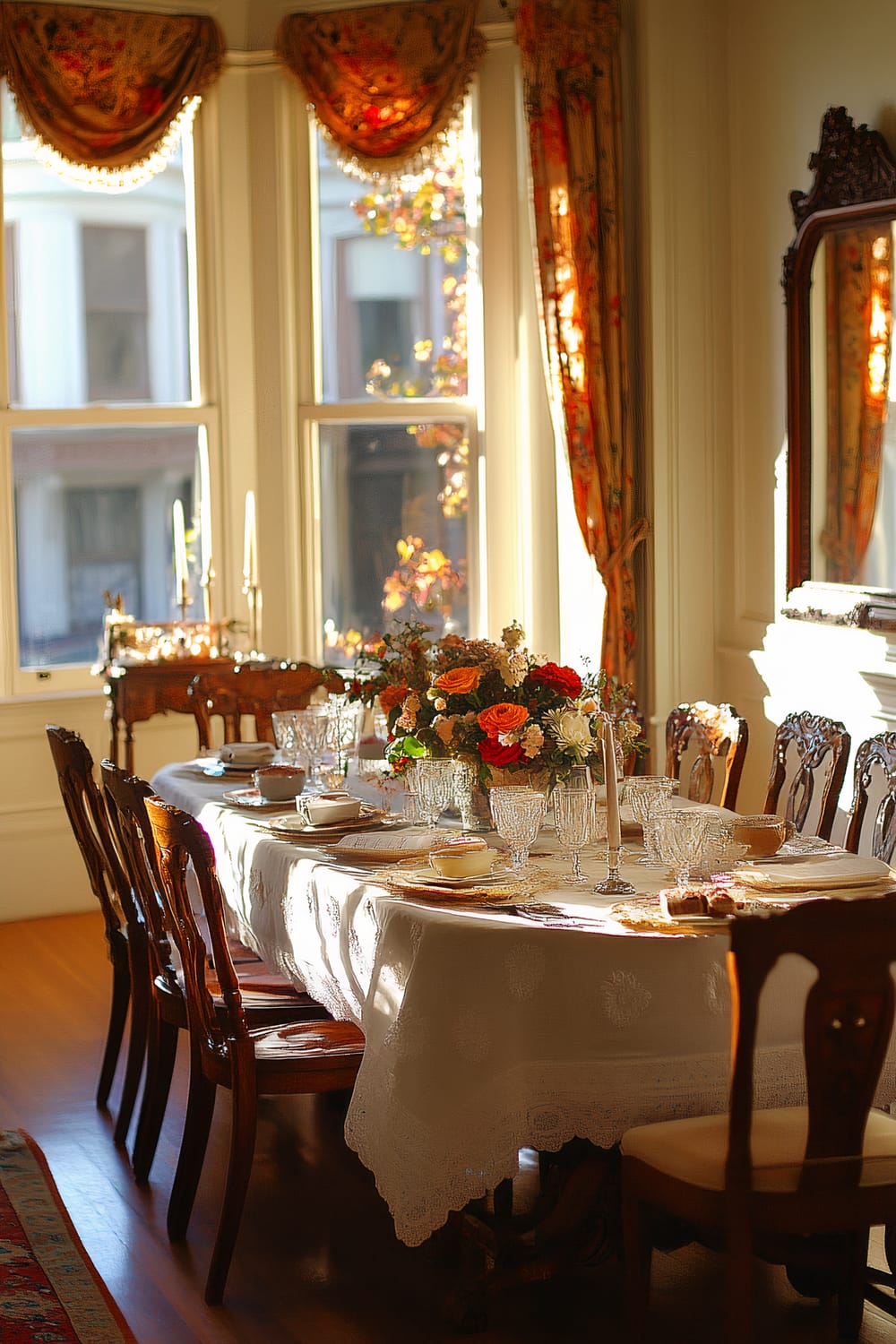 A sunlit, elegant dining room with a long, rectangular table set for a formal meal. A white, lace tablecloth drapes over the table, which is adorned with crystal glassware, plates, and a centerpiece of colorful flowers. The polished wooden chairs have intricate carvings. Tall windows with ornate, red and gold curtains let in natural light, and a mirror reflects part of the room.