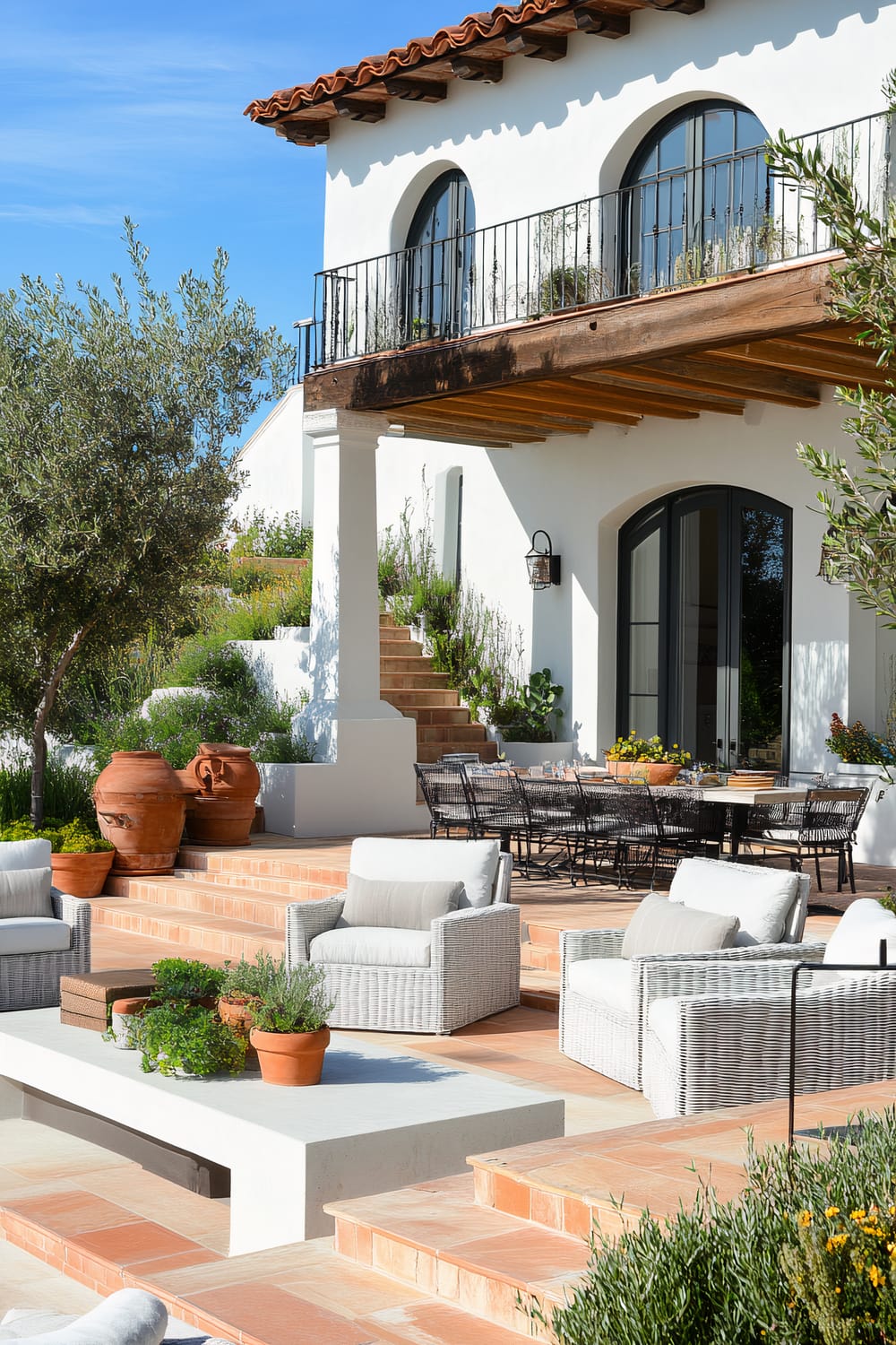 Outdoor patio with terracotta tile floors, white wicker chairs, and a large wooden dining table. The area is decorated with potted plants, and there are steps leading up to a second level with a balcony, under a pergola. The building features white stucco walls and arched windows with black frames.