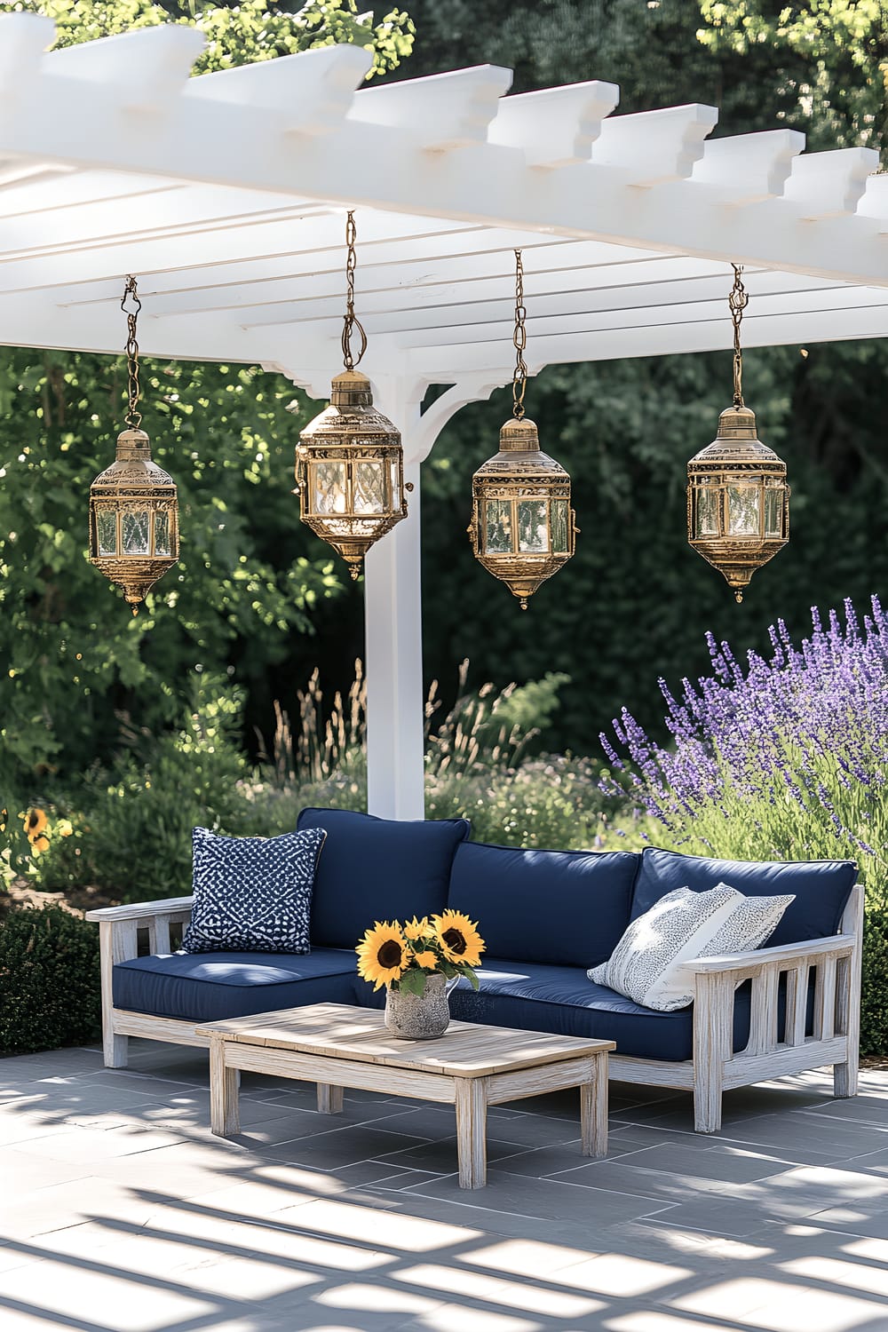 A modern patio scene under a white pergola with slate-tiled flooring. Hanging Moroccan-style lanterns in brass and glass cast elaborate shadows. A teak loveseat adorned with navy-blue cushions and a chunky knit throw offers a seating area. A low coffee table showcases a rustic vase holding a bouquet of sunflowers with lavender plants flourishing in the background.