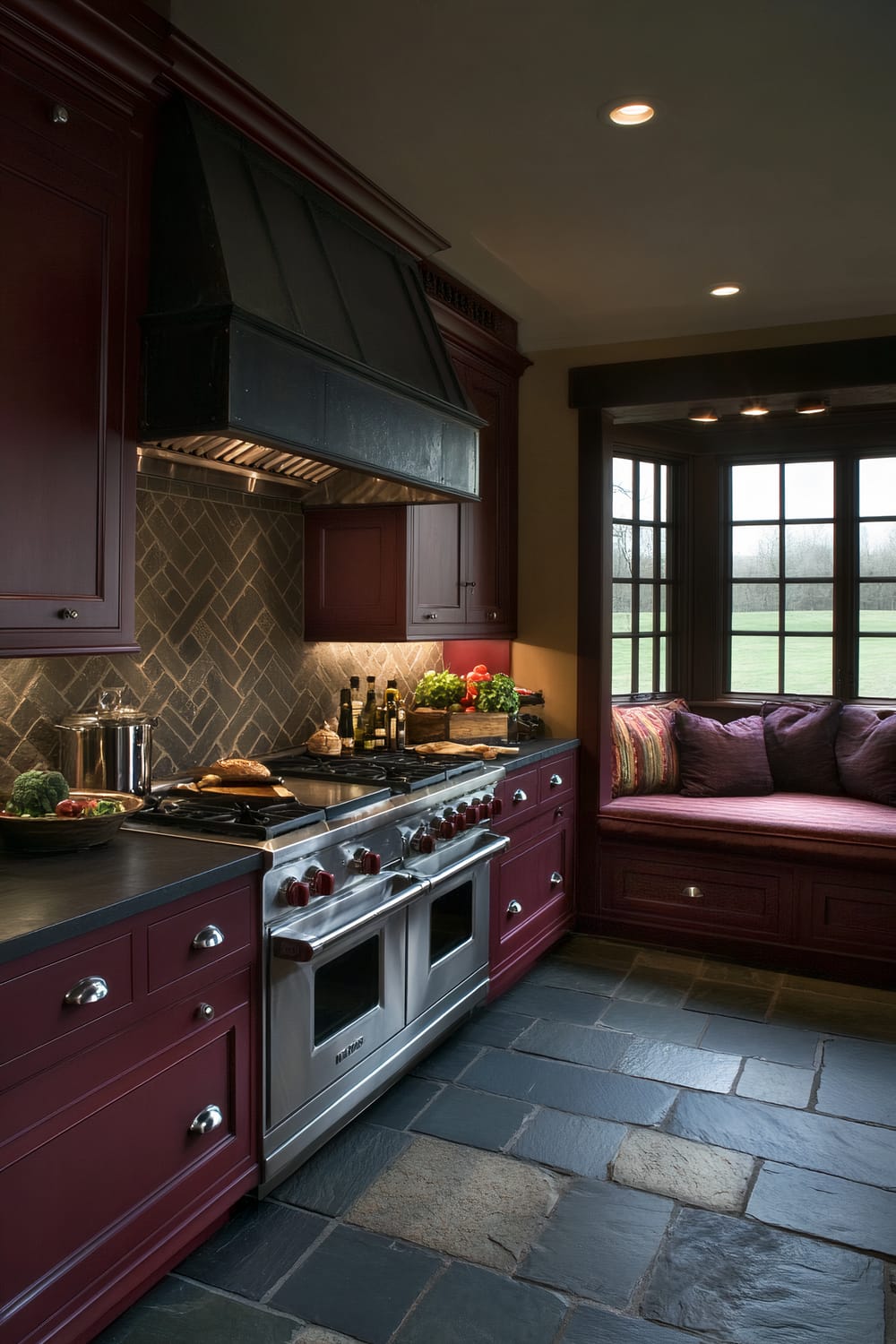 An intimate farmhouse kitchen with deep burgundy cabinets, dark slate countertops, and a large stainless steel range. The kitchen also features a window seat with purple cushions, stone backsplash, dark reclaimed wood flooring, and soft lighting from recessed ceiling lights.