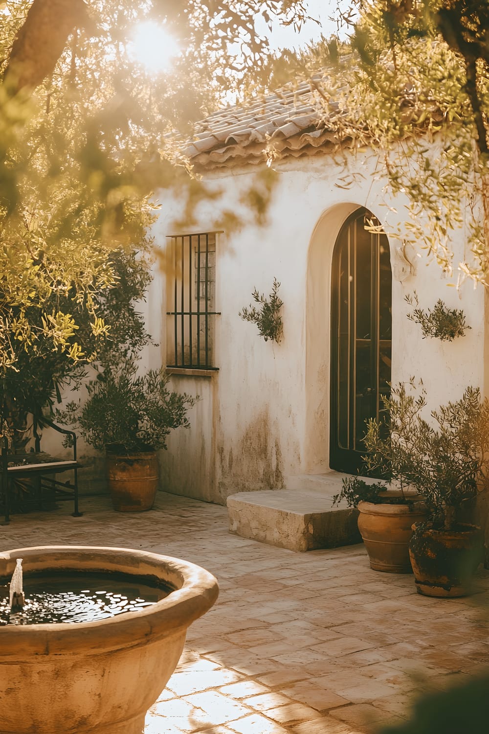 A quaint Mediterranean-style courtyard that is bathed in warm, golden sunlight. The rich, rustic terracotta tiles create a stunning contrast with the pale stucco walls of the house. The centre of the courtyard features an ancient stone fountain that trickles water, and around it, verdant potted olive trees bask in the sunlight. The antique wood door and shutters add a beautiful old-world charm to this serene, private space.