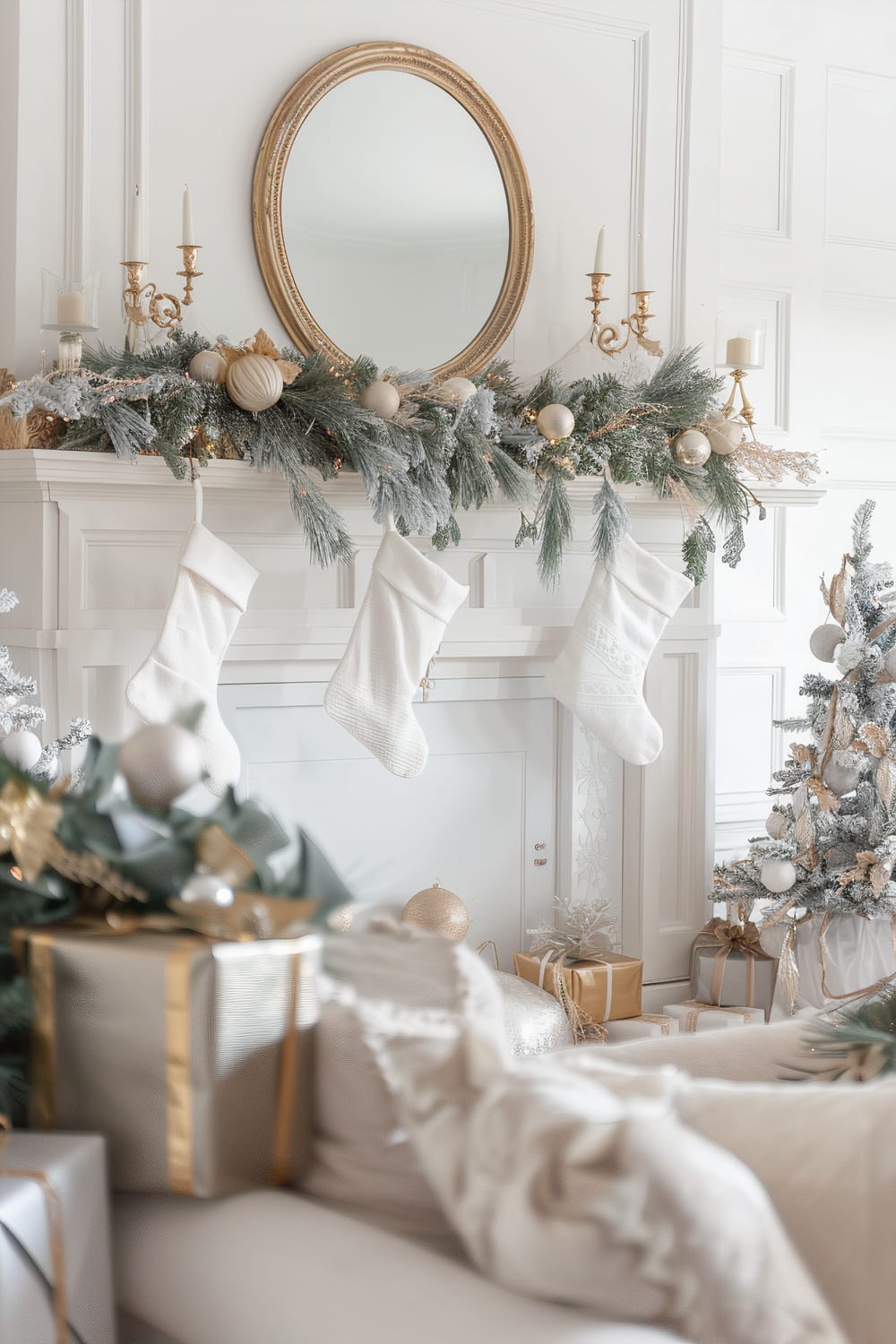 An elegant Christmas living room scene with a white-neutral color scheme. The white fireplace mantle is adorned with a garland of frosted greenery and golden baubles, with three white stockings hanging. The mantle also features gold candle holders and a round ornate mirror. In the foreground, wrapped gifts with gold ribbons rest on a plush seating area, and a Christmas tree adorned with silver and gold ornaments stands in the background.