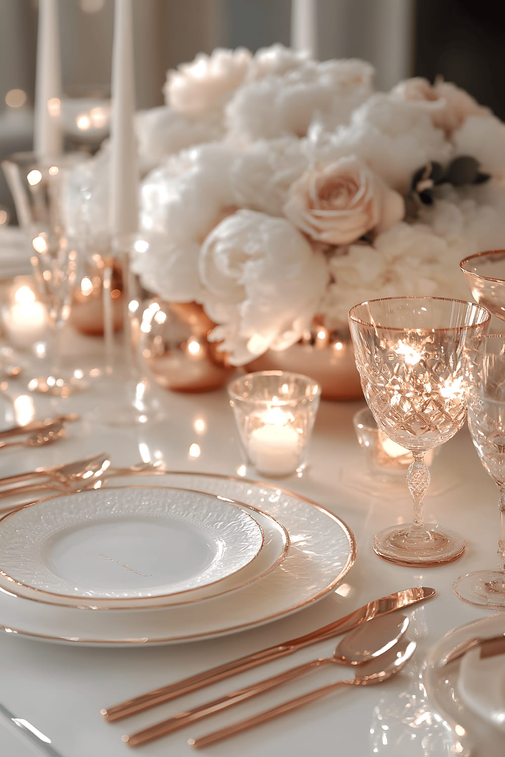 A picture of a luxurious dinner table setup bathed in soft, diffused rose gold lighting. The focal point is a meticulously arranged table with pristine white plates, rose gold cutlery, and sparkling rose gold glassware. The centerpiece draws attention with its opulent arrangement of white peonies and roses situated in a rose gold vase, complemented by winsome rose gold candle holders scattered around.