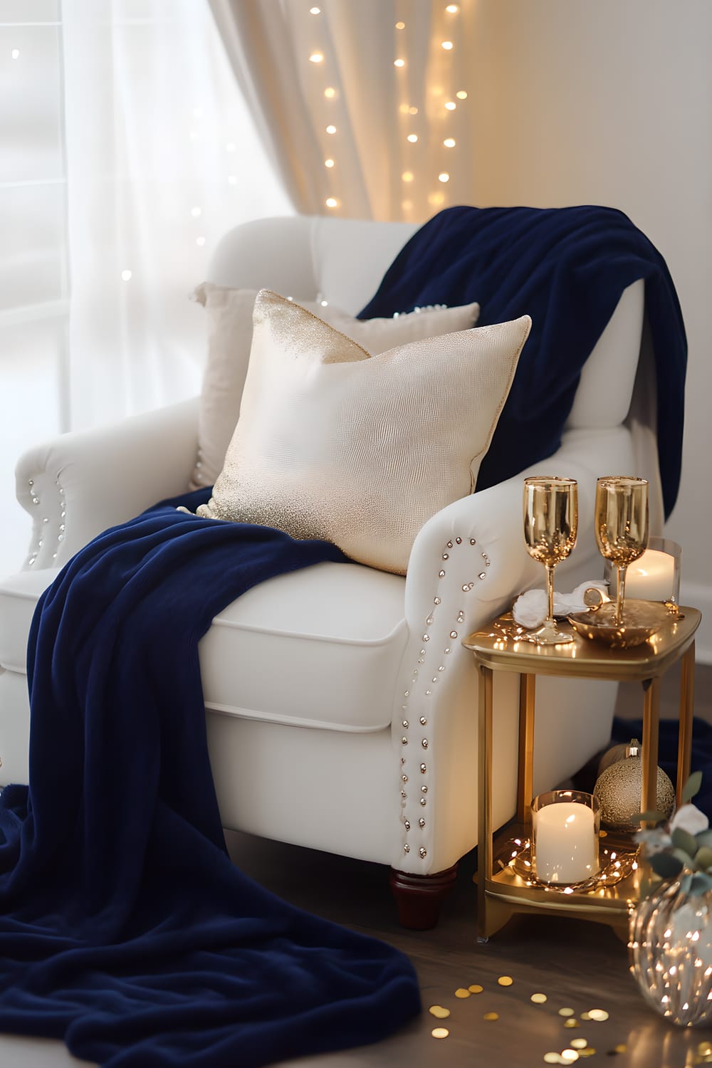 A reading corner decorated for New Year's Eve with a white chair fitted with two gold cushions, a navy blue blanket, and a small gold table carrying two champagne glasses and some confetti. On the floor next to the chair, a gold lantern with a white candle radiates soft light into the space.