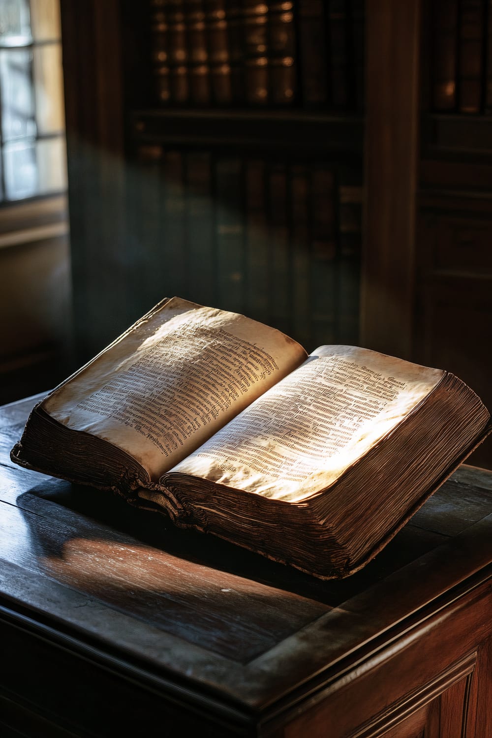 A closeup of an open, antique book with worn pages, placed on a polished dark wood desk. The book is illuminated by a spotlight, with shelves filled with other old books in the background. Sunlight streams through a window, casting a warm light on the scene.