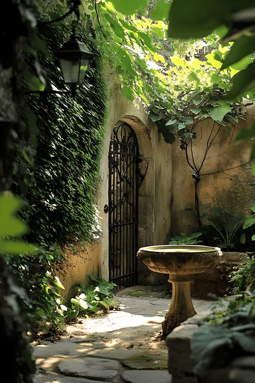 A secluded courtyard dominated by tall stone walls densely covered in rich green ivy. The courtyard features a slightly opened, black wrought iron gate, with a remarkable old oak tree providing interplay of shadows and sunlight across the scene. Central to the atmosphere is an intricately crafted stone birdbath filled with recent rainwater.