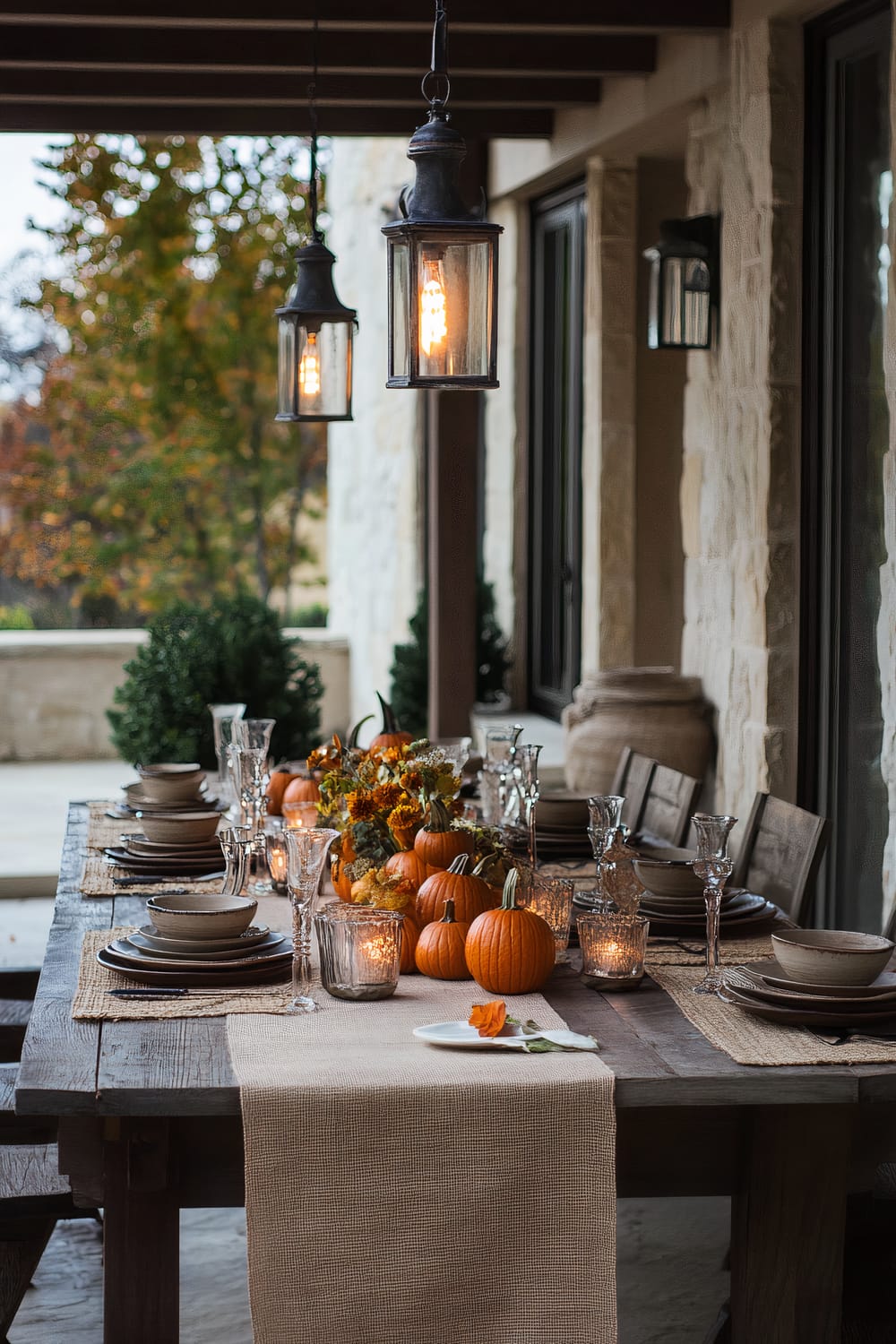 An outdoor dining setup with rustic charm, featuring a long wooden table adorned with a beige table runner and seasonal fall decorations. The centerpiece includes small pumpkins, orange flowers, and candle votives, creating a warm ambiance. The table is set with ceramic dishware and crystal glasses. Vintage-style lanterns hang above the table, adding a cozy glow. The background shows stone walls and fall foliage visible through glass doors.