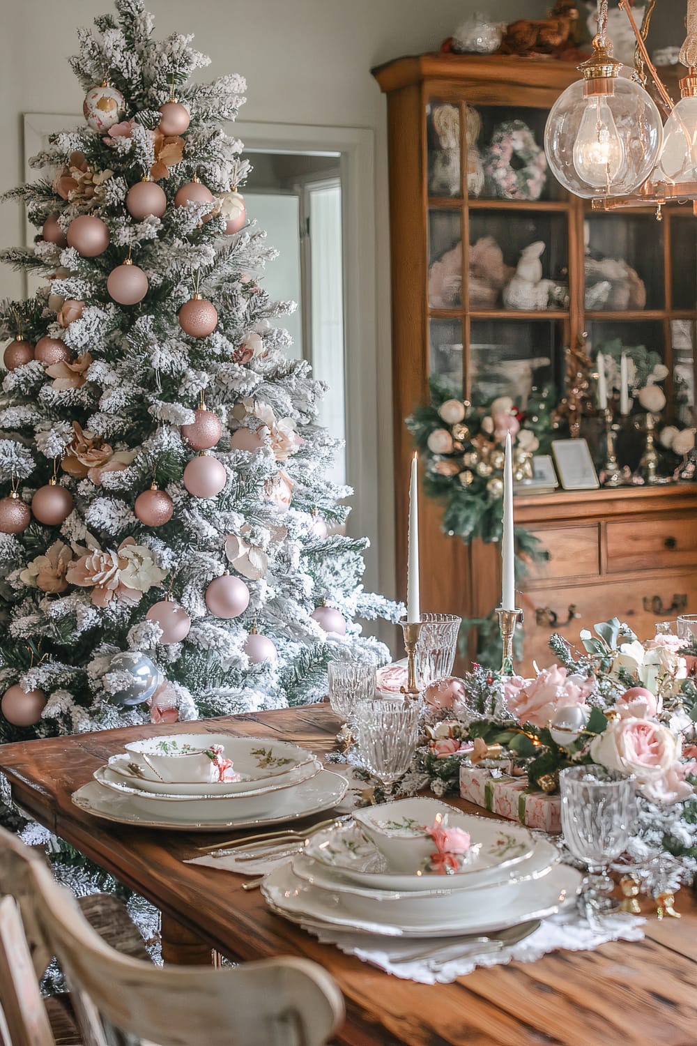 A French country dining room features a vintage Christmas tree adorned with pastel pink and gold ornaments alongside frosted branches. A rustic wooden table is set with fine china, adorned with floral designs, crystal glassware, and pink-hued floral arrangements. Soft ambient lighting emanates from antique fixtures and a wooden cabinet in the background holds various decorative items and greenery.