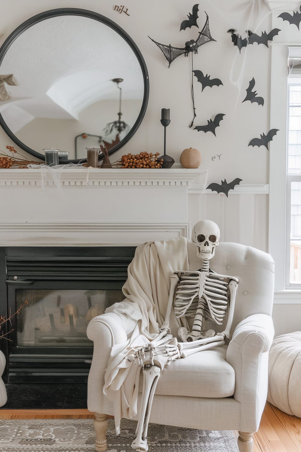 A Halloween-themed living room features a fireplace with a large round mirror above it, decorated with small pumpkins, candles, and sprigs of autumnal berries. Bat-shaped decorations adorn the wall, and a life-sized skeleton sits draped in a white blanket on a plush armchair in front of the fireplace.