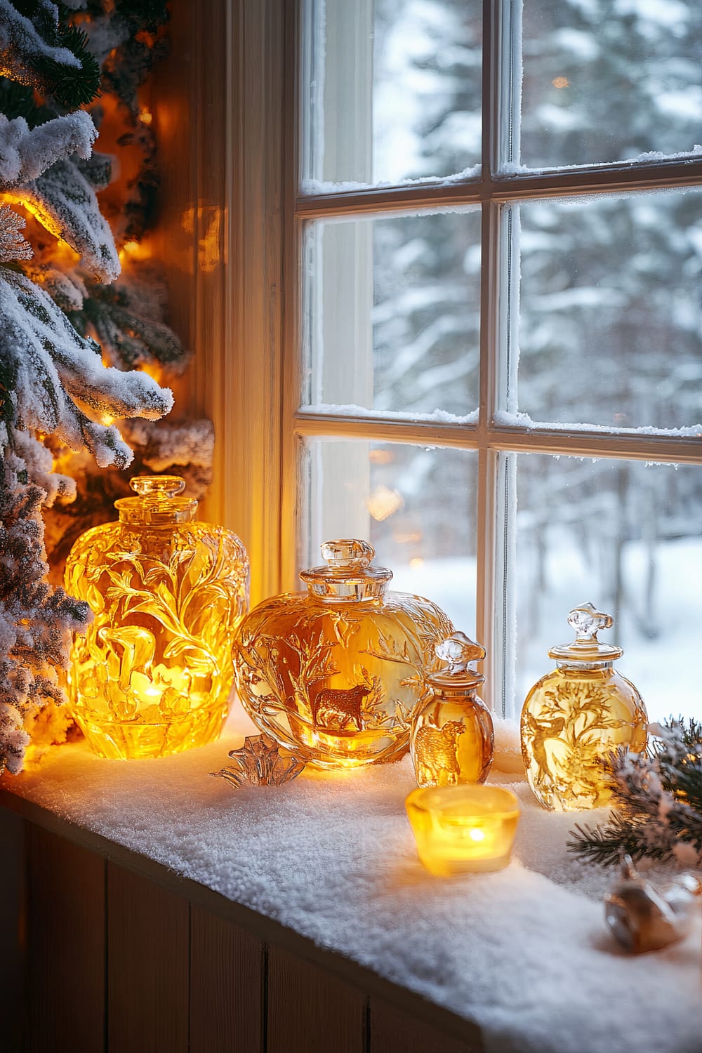 This image shows a charming winter scene through a frosted window. Inside, a windowsill is decorated with illuminated amber-colored glass bottles and candles, casting a warm, golden glow. The glass bottles have intricate designs, depicting winter and nature themes. Nearby, a branch of a snow-covered pine tree is adorned with string lights, enhancing the cozy ambiance.