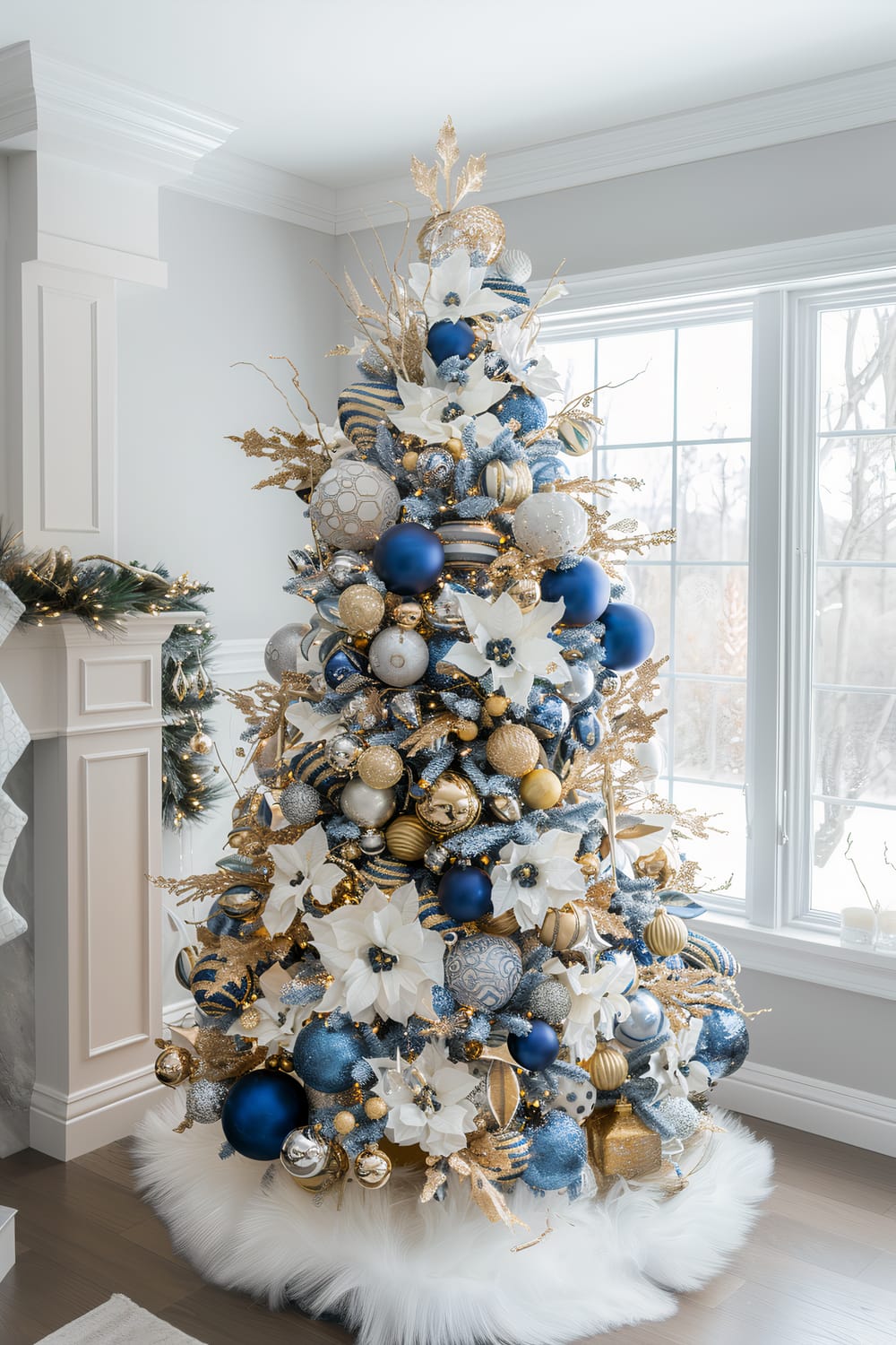 A luxuriously decorated Christmas tree stands in a bright, modern living room near large windows. The tree is adorned with an array of blue, gold, and silver ornaments, along with white floral accents and golden leaves. The ornaments are diverse in shape and design, creating a rich, textured appearance. Around the base is a fluffy white tree skirt. To the left, a portion of a fireplace decorated with a garland of greenery and golden accents can be seen.