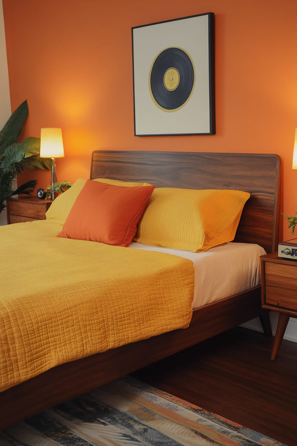 A retro vintage-themed room with a mid-century wooden bed adorned with a mustard yellow duvet and matching pillows. The bed is flanked by wooden nightstands, each with a vintage-style lamp. The soft orange walls feature a single vintage record player as wall art above the headboard. There are potted Boston ferns in retro pots placed around the room, enhancing the nostalgic ambiance.