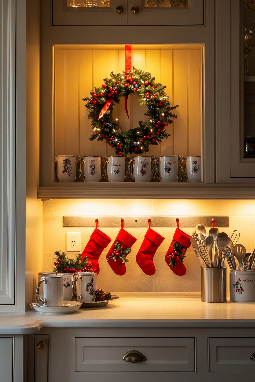 A festive kitchen nook decorated for Christmas. A wreath adorned with red and blue berries and a red ribbon hangs on display above a shelf holding a collection of holiday-themed mugs. Below the shelf, four red Christmas stockings with holly designs hang from hooks. The countertop below features matching holiday-themed mugs, a decorative arrangement with pinecones and berries, and a set of kitchen utensils in holders.