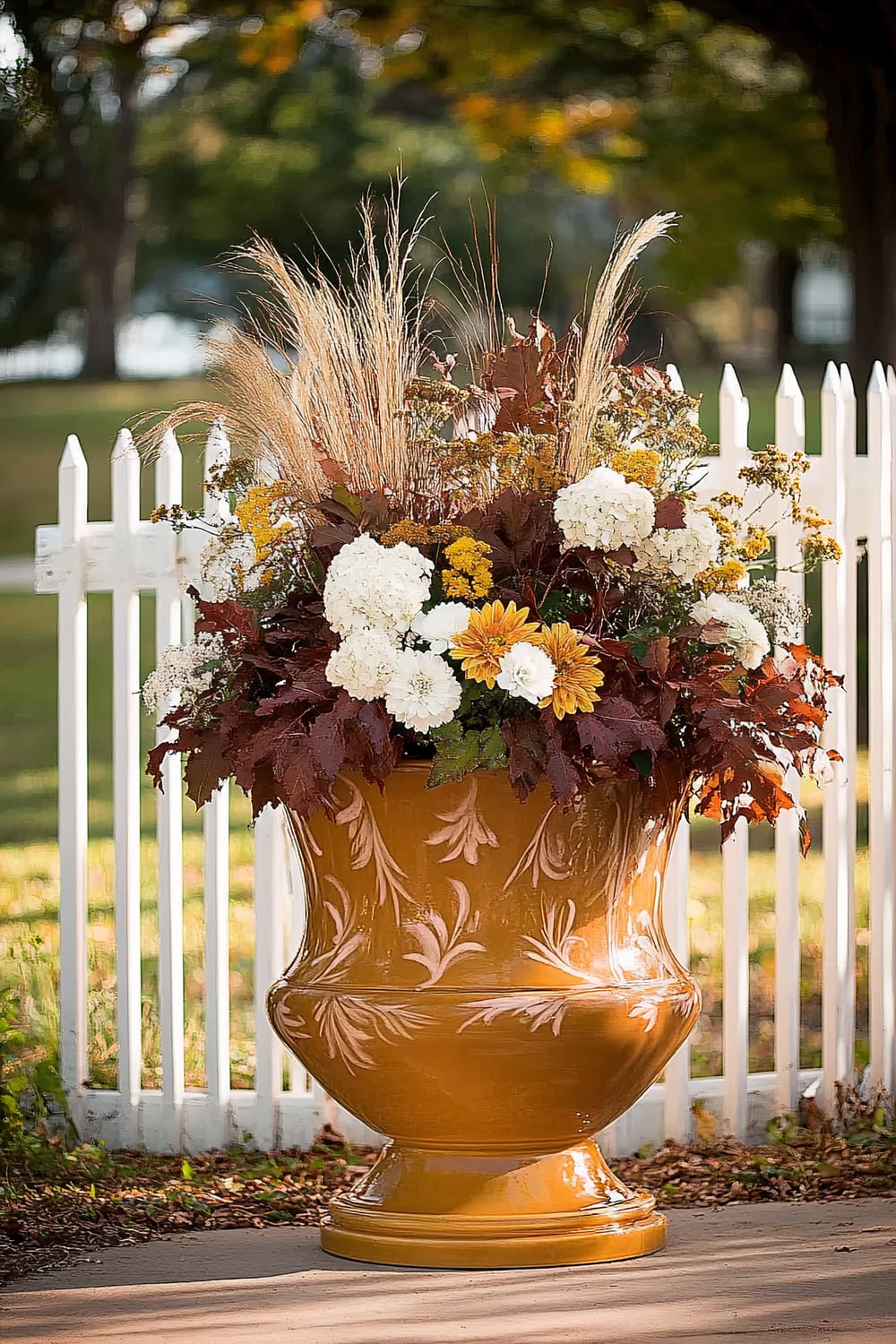 An ornate, large, golden ceramic planter is filled with an abundant arrangement of autumnal flowers and foliage. The display includes white hydrangeas, yellow chrysanthemums, and deep red leaves alongside tall, wispy dried grass. A white picket fence is visible in the background, with greenery and trees creating a serene outdoor setting.