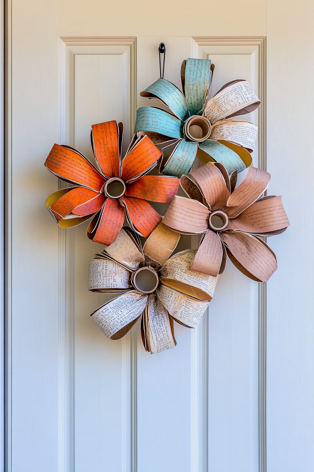 A decorative arrangement featuring five large, flower-like ornaments made from repurposed paper, each with curled petals displaying scripts in different hues of orange, teal, beige, and brown. The bouquet is affixed to a light-colored panel door with a black hook, creating a quirky, handmade aesthetic.