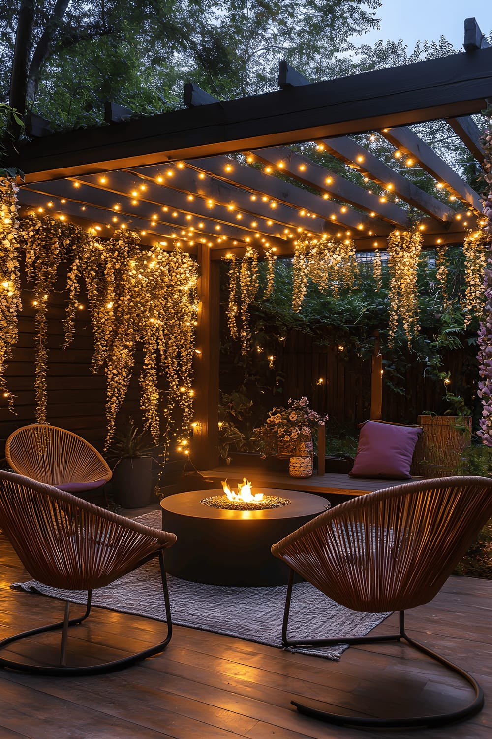 A serene backyard featuring a wooden pergola covered in blooming wisteria, and a circular modern fire table surrounded by sizeable woven chairs. Fairy lights are scattered throughout, bathing the area in a warm, golden glow as the sun sets in the background.