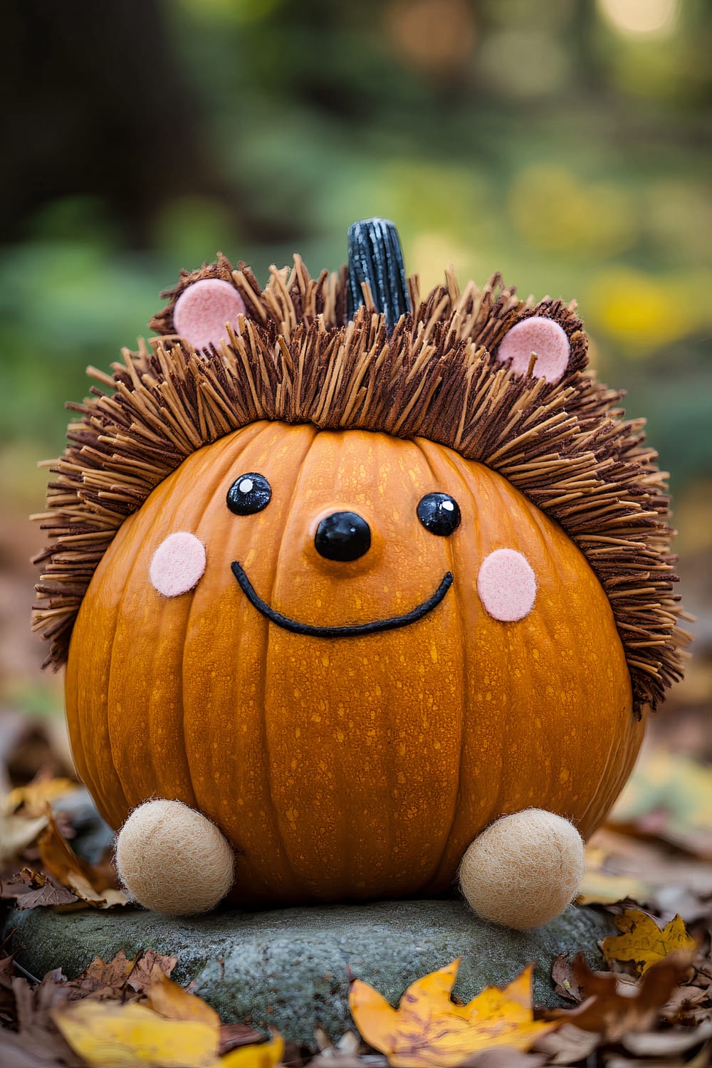 A pumpkin decorated to resemble a cute smiling hedgehog. The pumpkin is painted orange and features a face with two black eyes, a black nose, and a black smile. The hedgehog's textured spines are created from brown twigs, with small felt ears and rosy cheeks adding to the design. Felt balls are attached at the bottom to simulate feet. The pumpkin is placed on a flat stone with fallen autumn leaves around it.