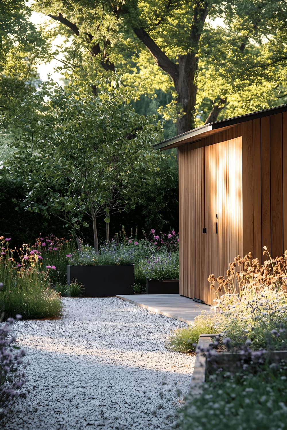 A contemporary shed with natural wood finish stands in a Scandinavian-inspired garden. Minimalist planters and clusters of wildflowers dot the serene space, leading to a smooth pebble pathway. The scene is bathed in a soft morning light that casts gentle shadows, creating a tranquil, modern composition.