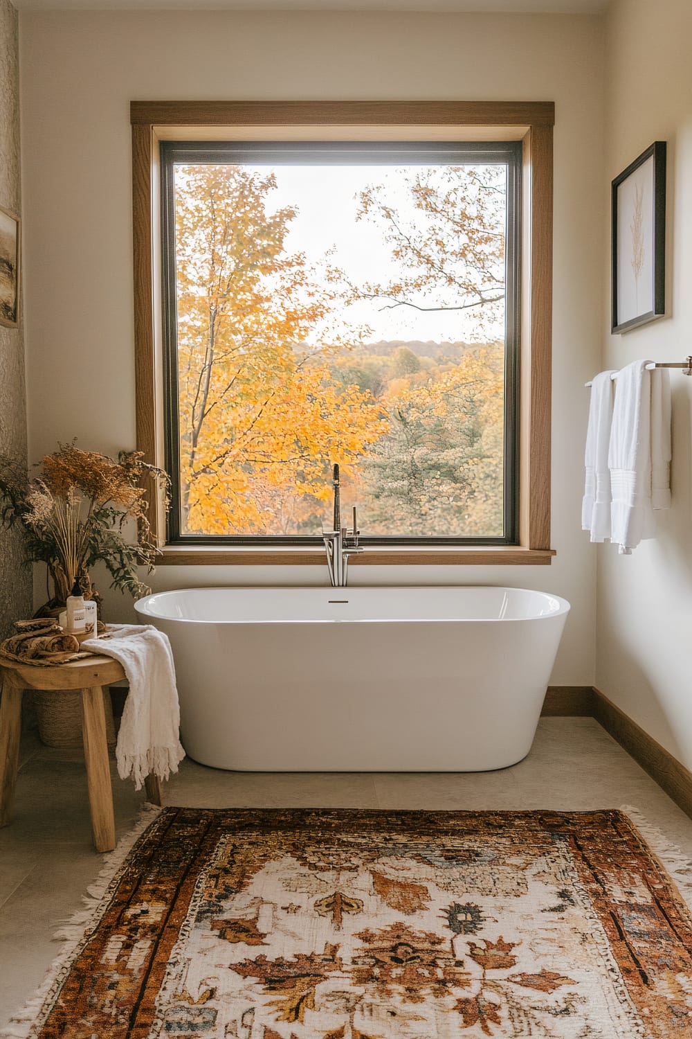 A minimalist bathroom featuring a standalone white bathtub positioned in front of a large window offering a view of vibrant autumn foliage. The decor includes a wicker stool beside the tub with a towel draped over it, a small brown rug with intricate designs in front of the tub, dried flowers in a vase, and neatly folded white towels hanging on the wall.