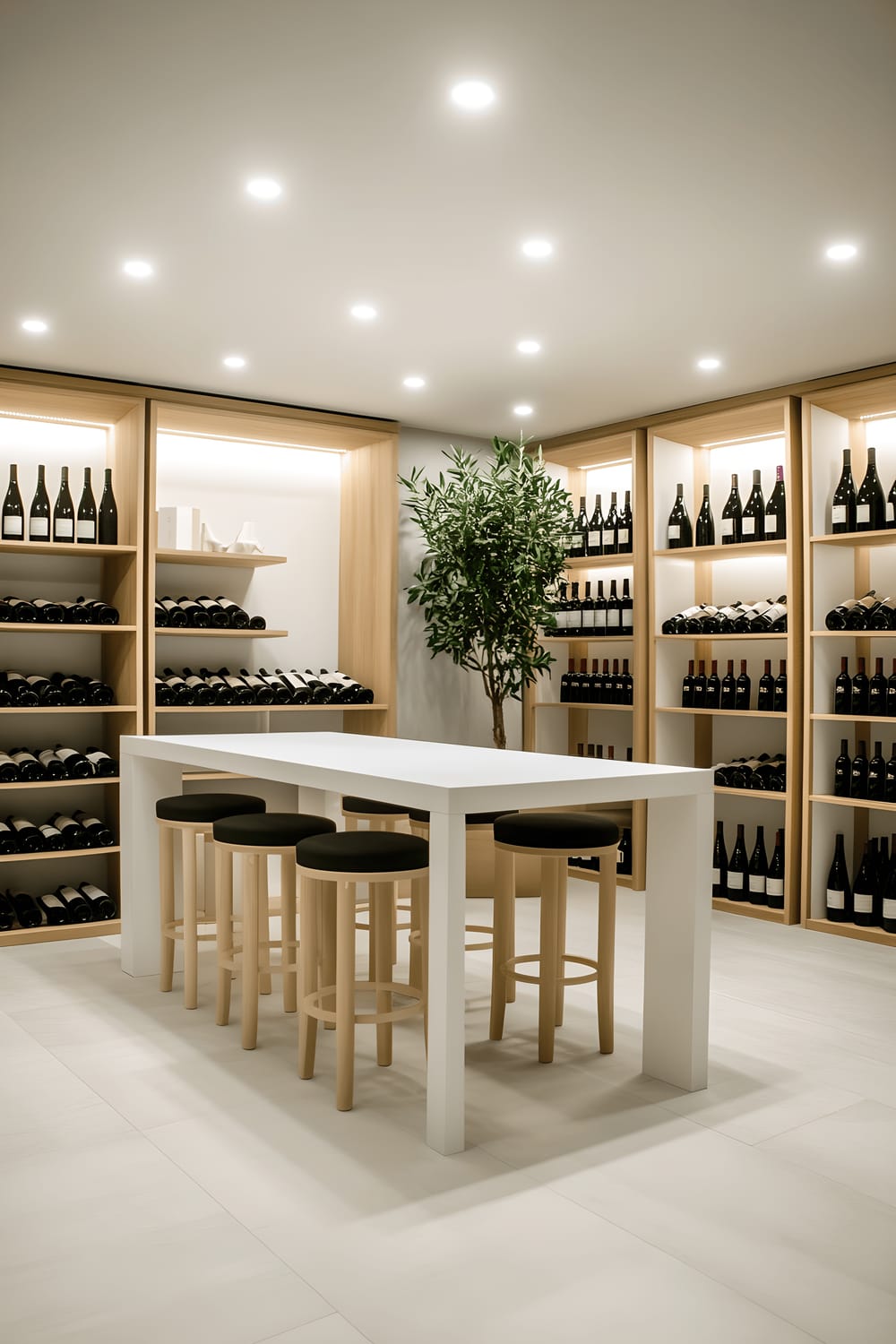 A sophisticated wine cellar with clear, glass-encased, light oak shelving holding a wide selection of wine bottles. In the center, a white minimalist tasting table with black stools, accented by a tall potted olive tree. Warm lighting from ceiling-recessed lights and a large frosted window highlighting the neatly organised area and creating an inviting atmosphere.