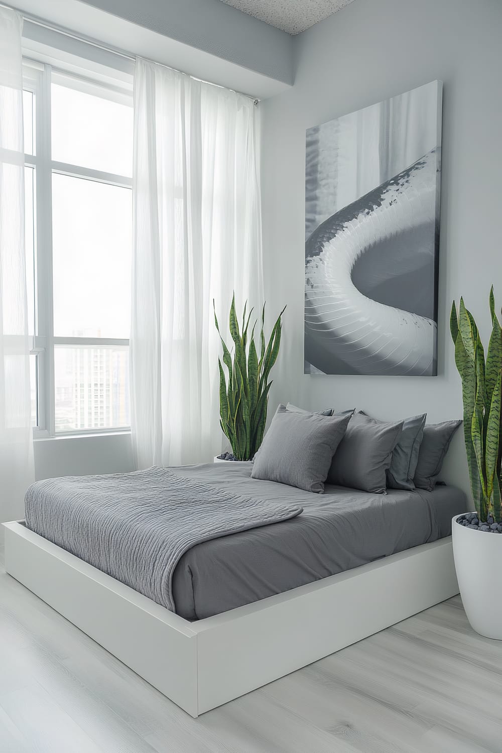 A modern loft-style bedroom with a white platform bed featuring grey bedding and pillows. On either side of the bed are tall snake plants in white pots. The room has light grey walls and large windows with sheer white curtains. A large abstract black and white art piece is hung on the wall above the bed.