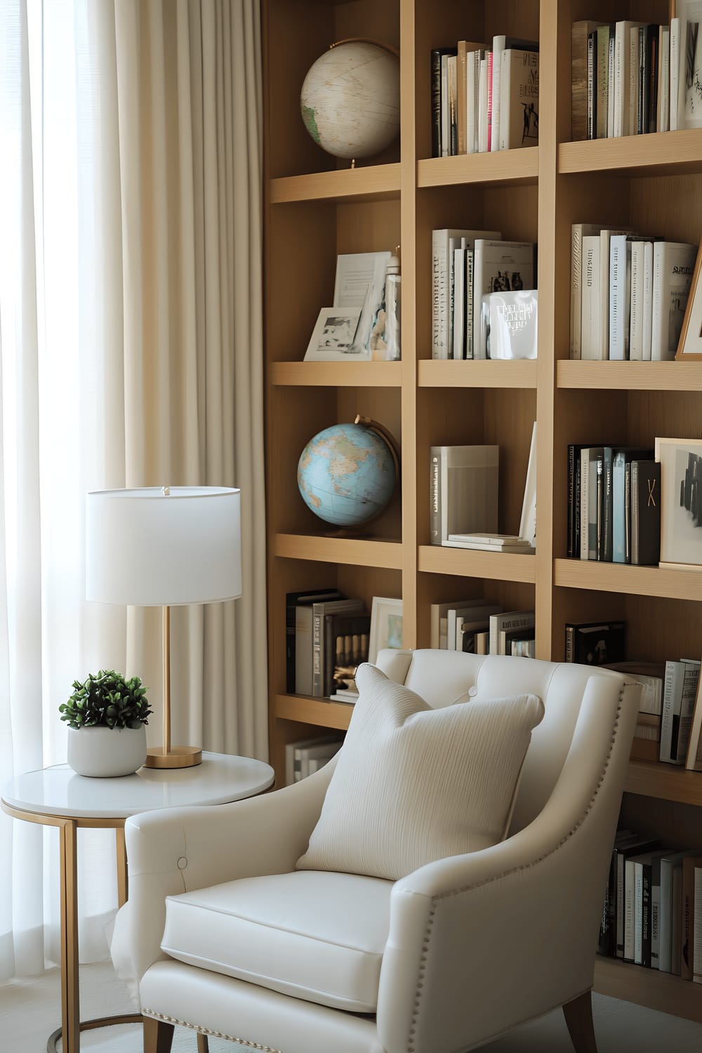 A sophisticated home library with light oak bookshelves filled with neat rows of books and various artistic decorations. A modern white leather armchair with a light gray throw sits next to a sleek glass-topped side table, which is adorned with a stylish brass lamp having a white linen shade. A large window with sheer curtains floods the space with natural light, shining on a minimalist white desk complete with an organized workspace and a single potted snake plant.