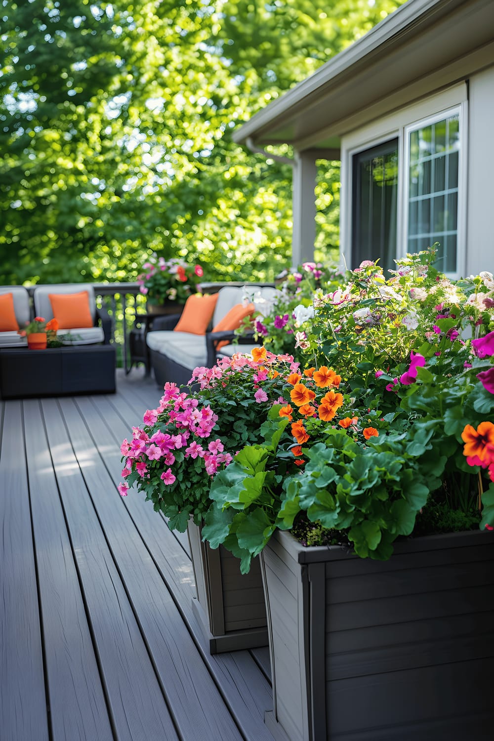 A sunlit wooden deck arranged with three flowering container plants—primroses, begonias, and lilies—and furnished with a neutral-toned seating set.