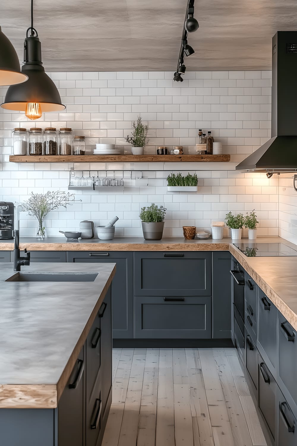 A sophisticated kitchen with Scandinavian industrial-inspired design. It features matte gray cabinetry, black metal elements, and concrete countertops that contrast the light wooden floor and white brick walls. Above a large kitchen island is a notable industrial-style pendant light with visible Edison lights, which project grand shadows and provide a dramatic centerpiece. The kitchen has stainless steel appliances gracefully incorporated. Meanwhile, open reclaimed wood shelves with black metal supports exhibit neatly arranged clear jars, modern ceramic dishes, and a few green plants. The room is luminous and spacious, with well-placed lighting drawing attention to the harmonious mix of streamlined Scandinavian design and sturdy industrial aesthetics.