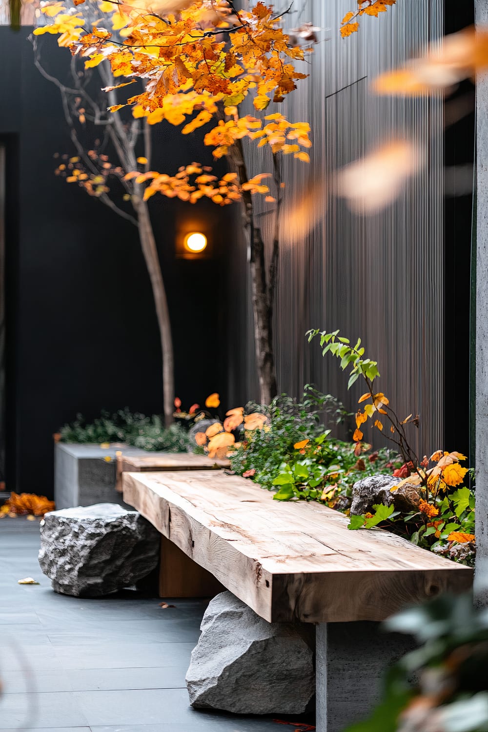 Image of a modern outdoor seating area with a wooden bench, set on large, natural stone bases. The space features minimalist black walls, illuminated by a warm, spherical wall light. Autumn foliage, with bright orange and yellow leaves, frames the scene, complemented by lush green plants and rocks integrated into the naturalistic garden design.