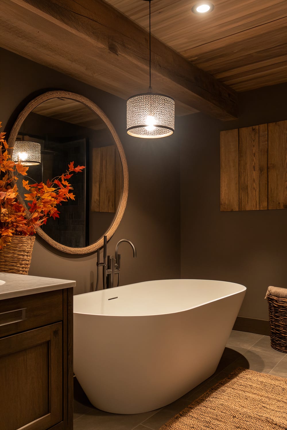 A warmly lit bathroom with a modern design featuring dark brown walls, a freestanding white bathtub, a large round mirror with a wooden frame, and a contemporary pendant light fixture. The bathroom includes wooden cabinets, a wicker basket with autumn leaves, and a textured rug on the floor.