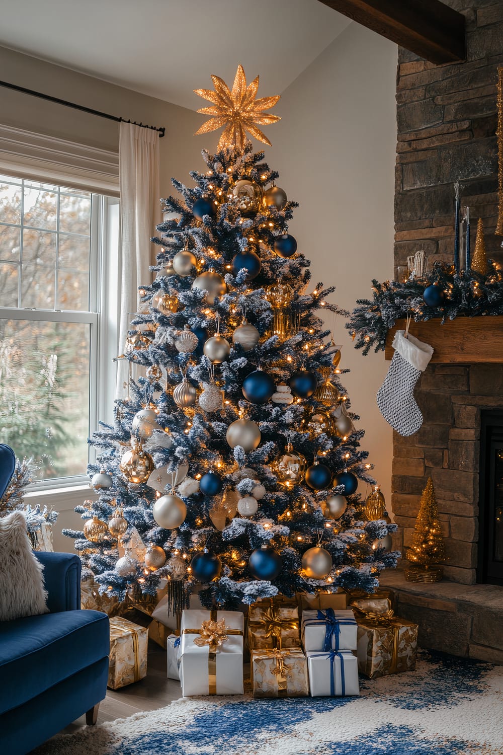 A beautifully decorated Christmas tree adorned with gold and blue ornaments, set in a cozy living room. The tree features a glittering gold star topper and warm white lights. Wrapped gifts in white and gold paper with matching bows are placed at the tree's base. A large window with white curtains reveals a snowy outside scene. Beside the fireplace, a blue and white Christmas stocking hangs, with additional golden decorative elements on the mantel.