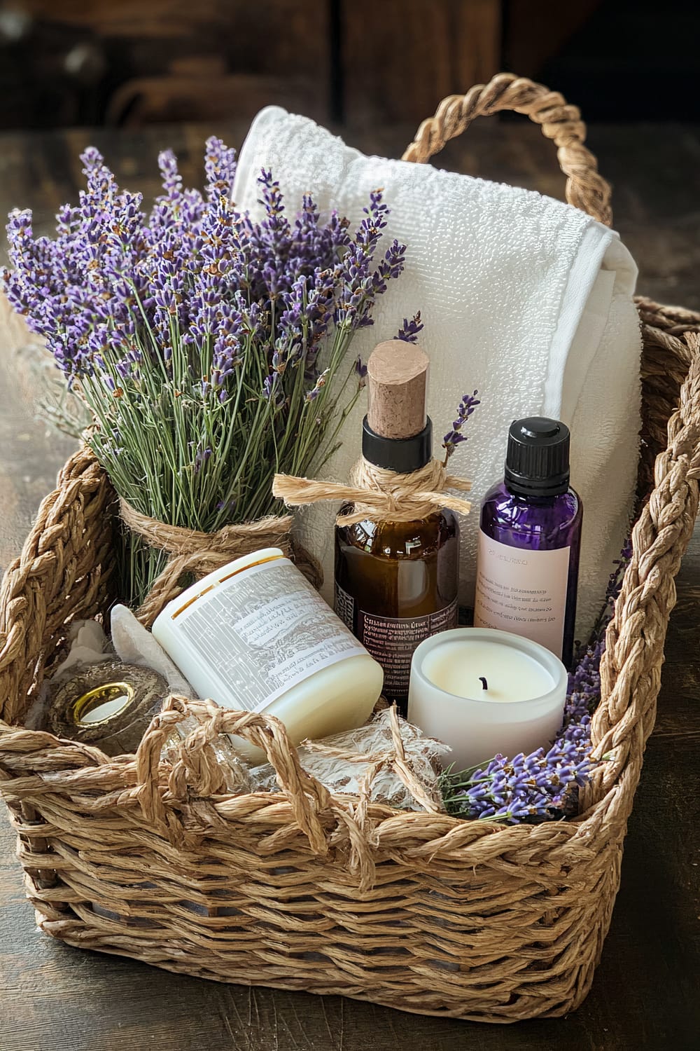 A wicker basket containing a bath towel, a bundle of lavender flowers, and various wellness products. The products include jars and bottles of oils, a white candle, and packaged items. The bottles are tied with twine, and everything is arranged neatly inside the basket, exuding a natural and artisanal feel.